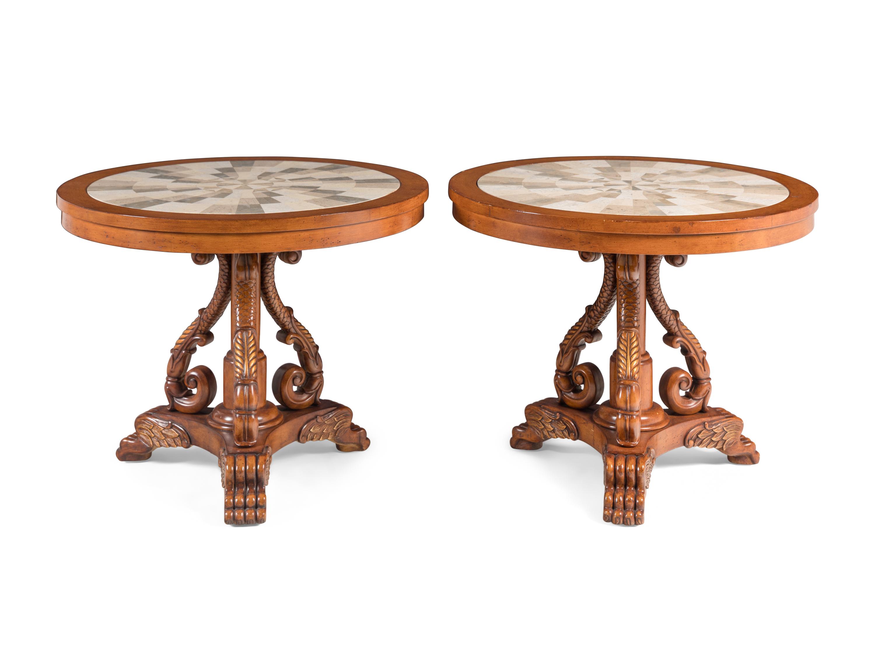 A Pair of Regency Style Parcel-Gilt Pine and Stone-Top Side Tables