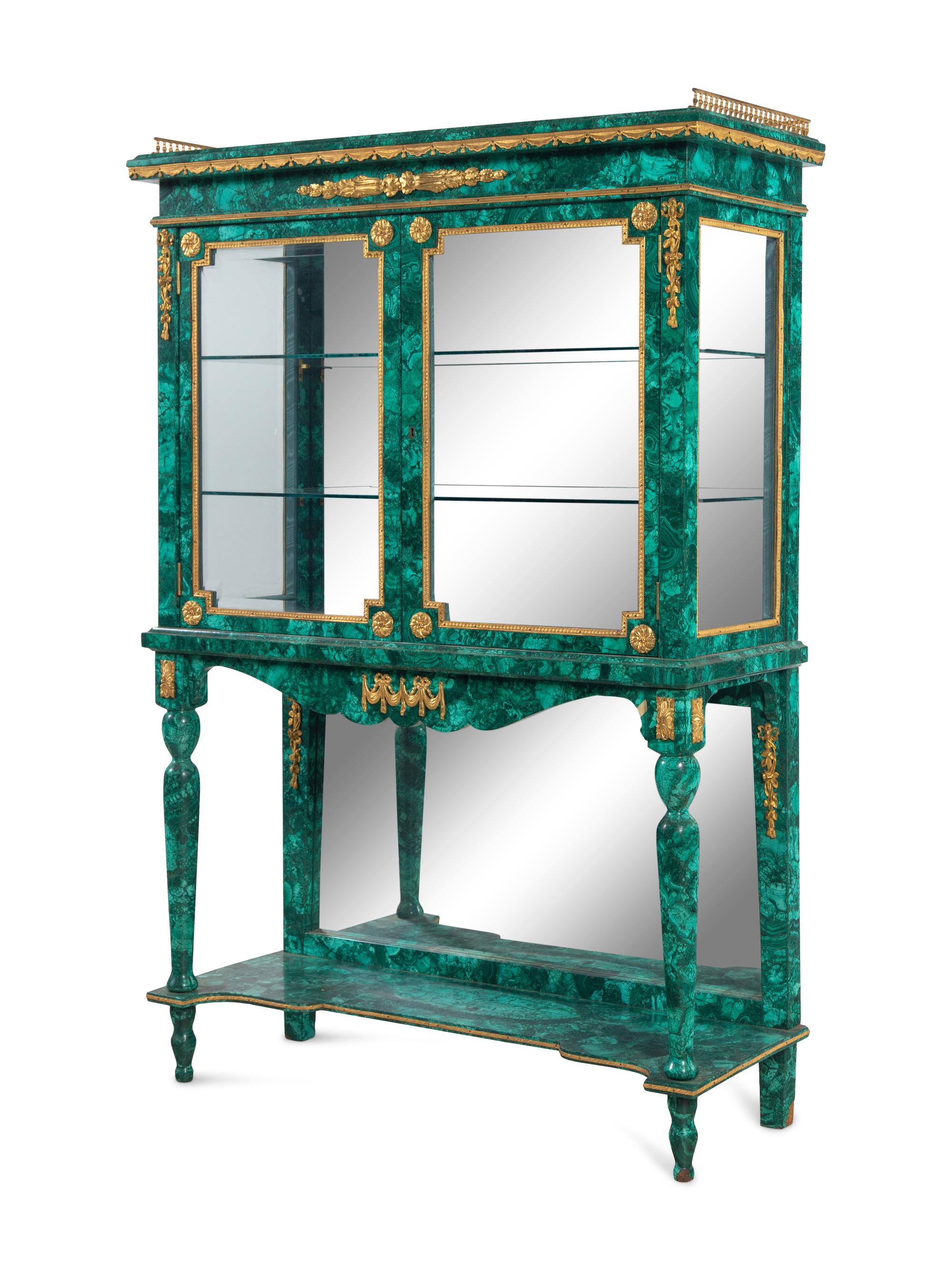 A Louis XVI Style Malachite Veneered Vitrine Cabinet