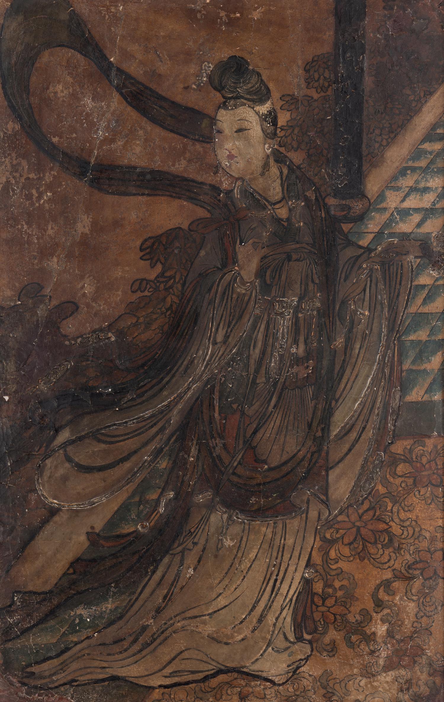 A Chinese Polychrome and Gilt Decorated Fragment of a Taoist Stucco Fresco, Yuan/Ming Dynasty 元/明 瀝粉貼金彩繪仕女圖壁畫