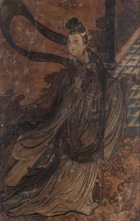 A Chinese Polychrome and Gilt Decorated Fragment of a Taoist Stucco Fresco, Yuan/Ming Dynasty 元/明 瀝粉貼金彩繪仕女圖壁畫