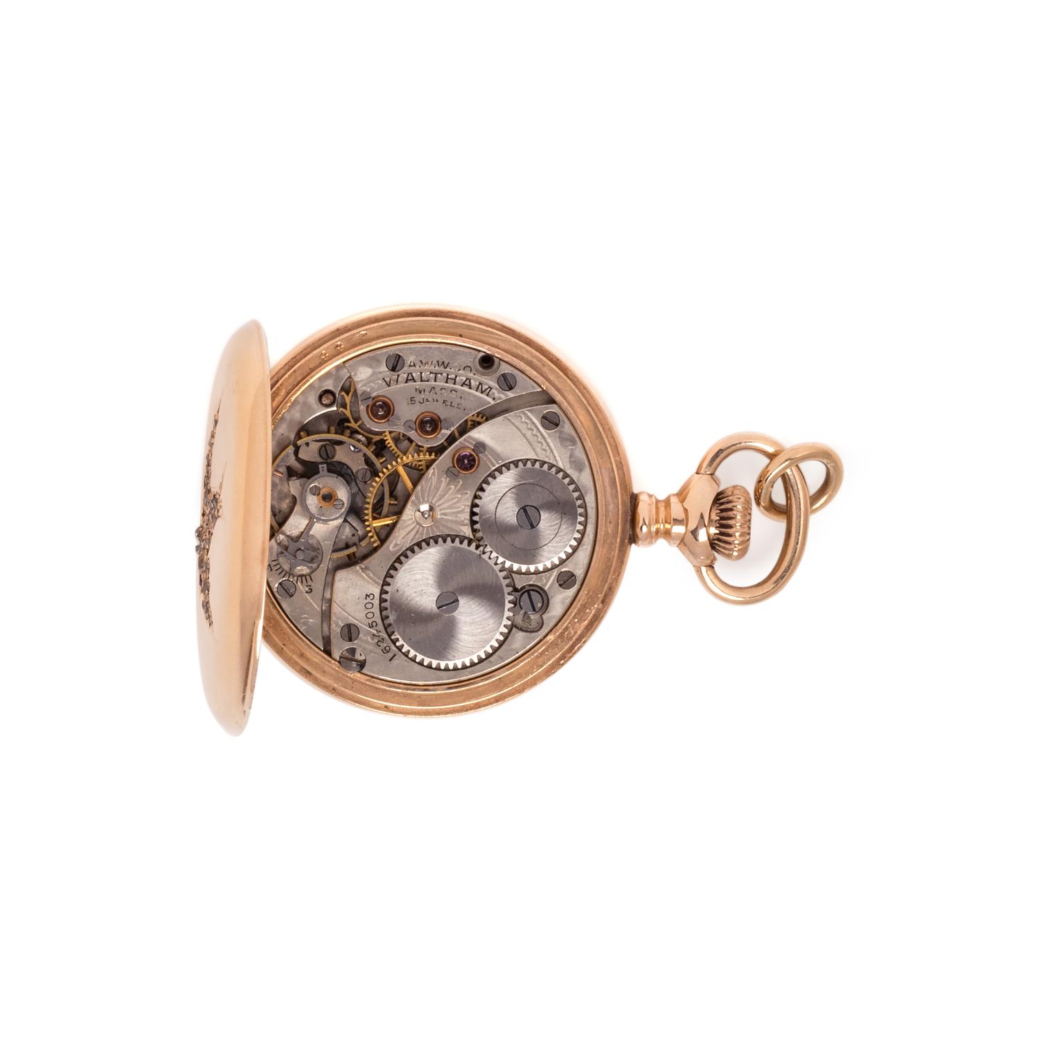 WALTHAM, 14K YELLOW GOLD AND DIAMOND HUNTER CASE POCKET WATCH