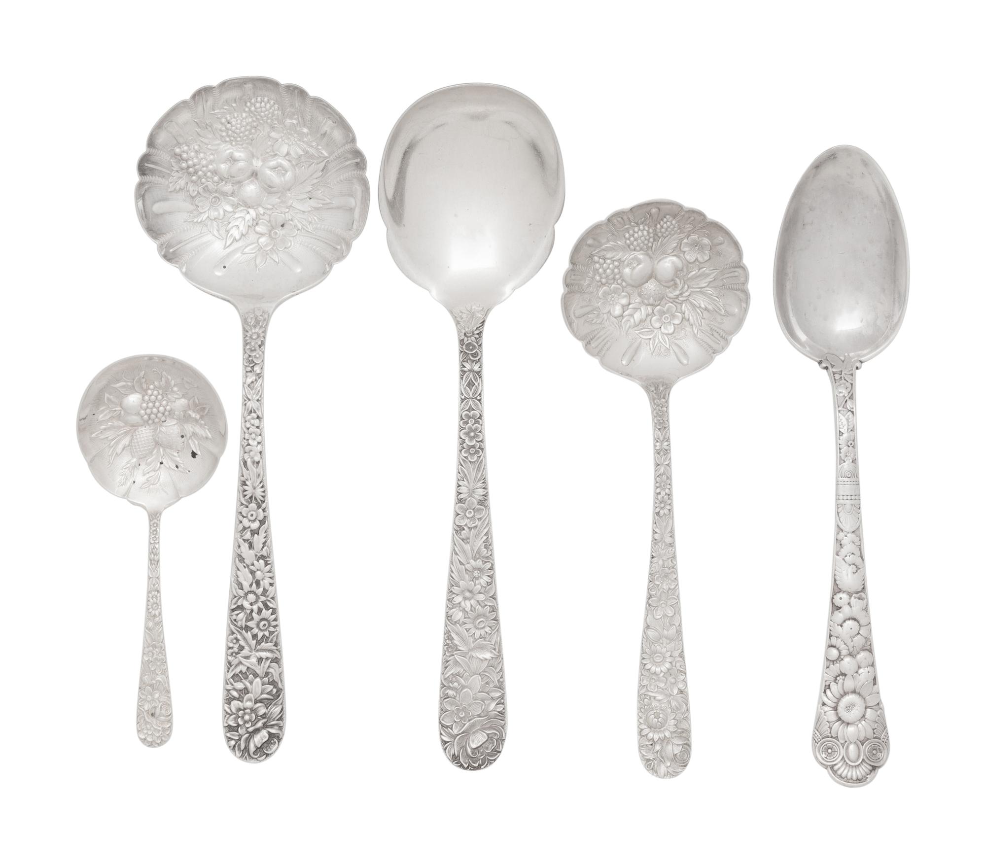 A Gorham Cluny Silver Flatware Service with S. Kirk and Son Repousse Silver Flatware and Serving Articles