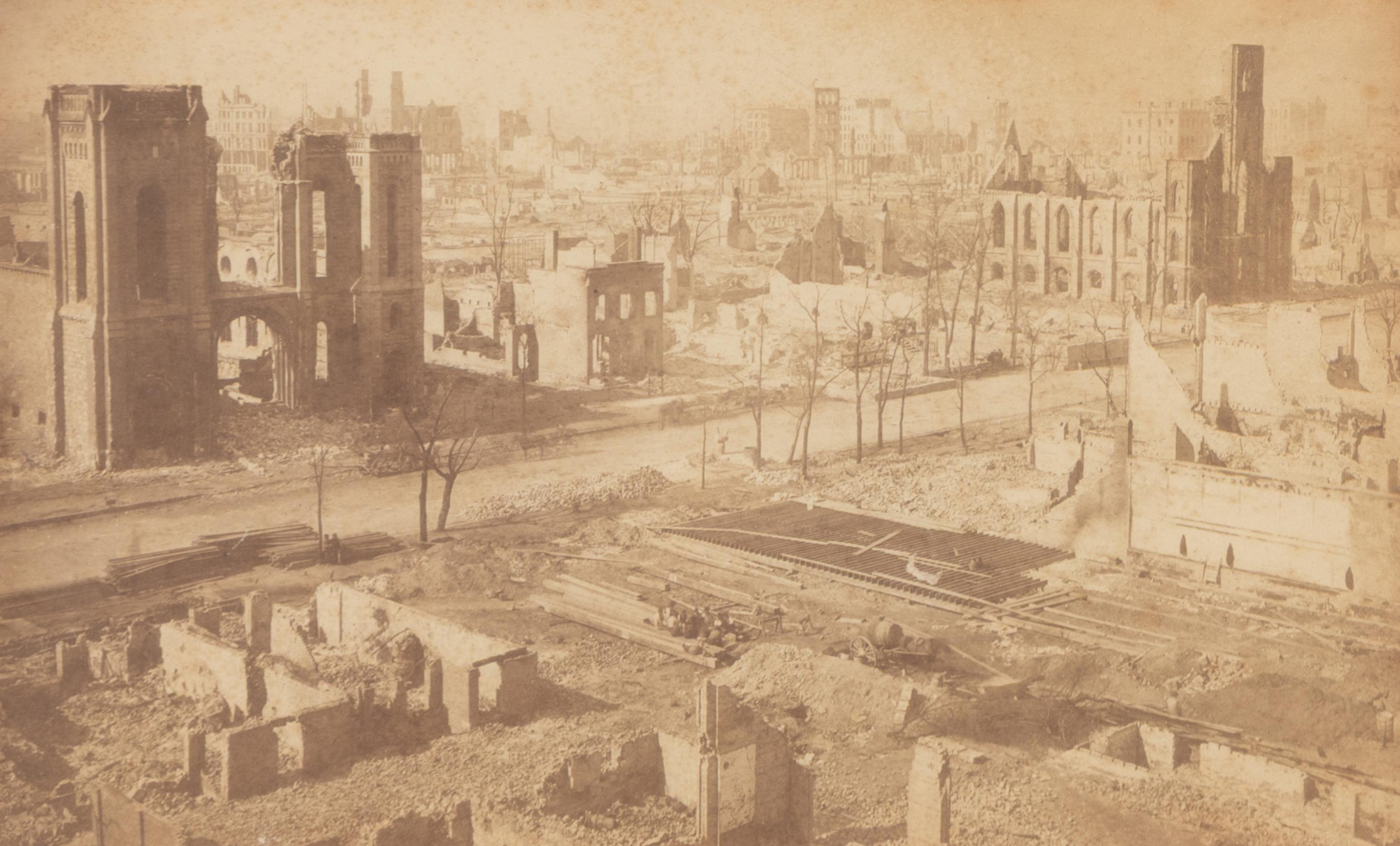 [Chicago Fire]. A group of 7 albumen prints taken before and after the 1871 Chicago Fire, comprising: