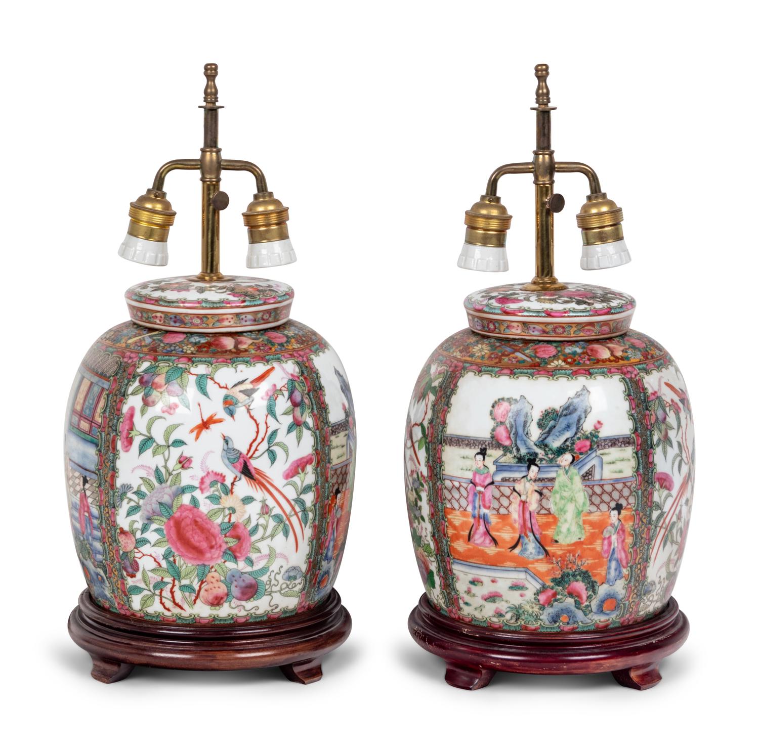 A Pair of Rose Medallion Porcelain Jars Mounted as Lamps