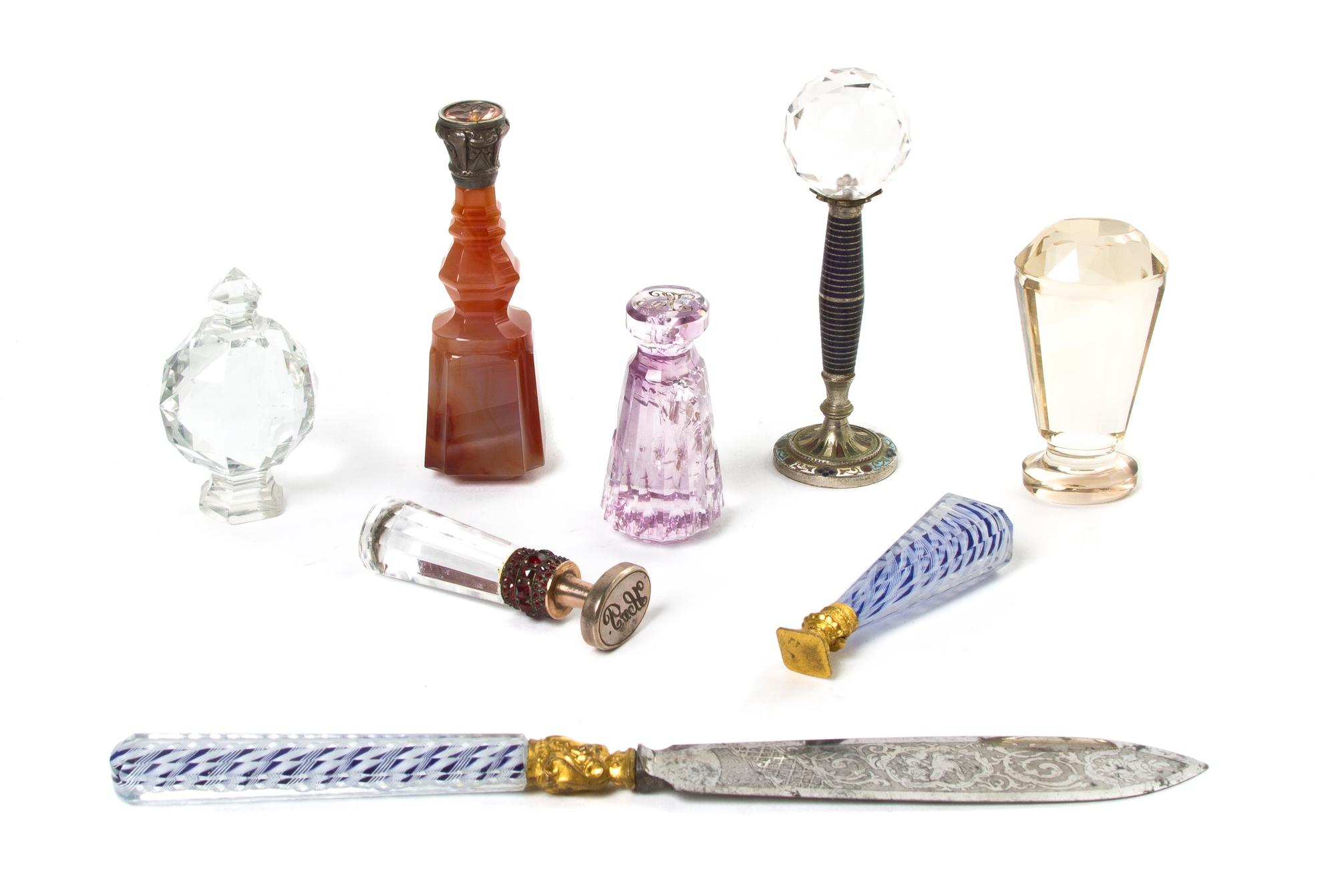 A Collection of Glass and Stone Mounted Seals, Length of longest 7 3/8 inches.