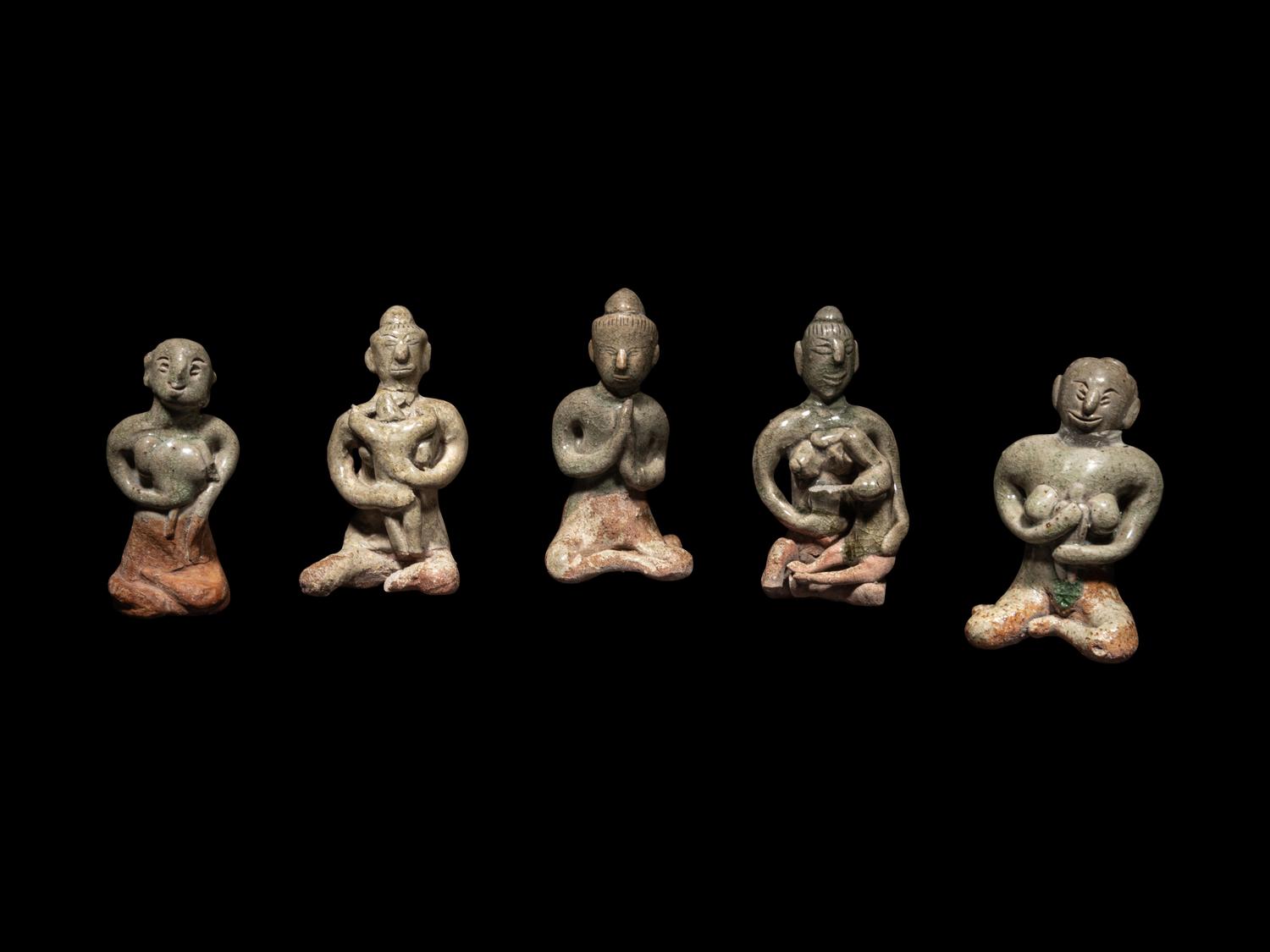 Five Thai Sukhothai Celadon Glazed Pottery Figures