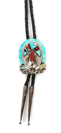 A Zuni Silver, Turquoise and Multiple Stone Bolo, O. Panteah Height 1 7/8 x width 1 1/2 inches.