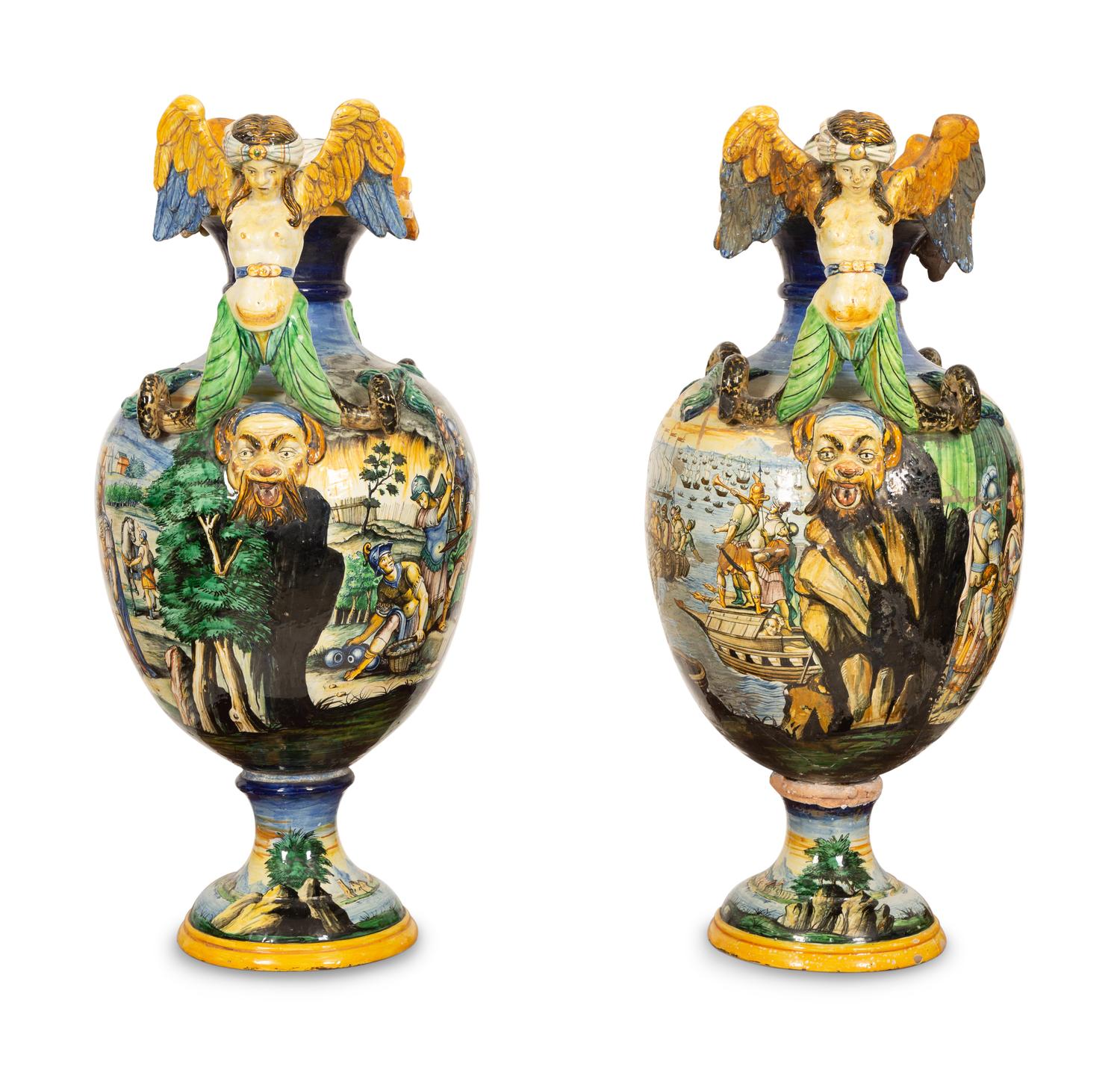 A Pair of Italian Majolica Urns