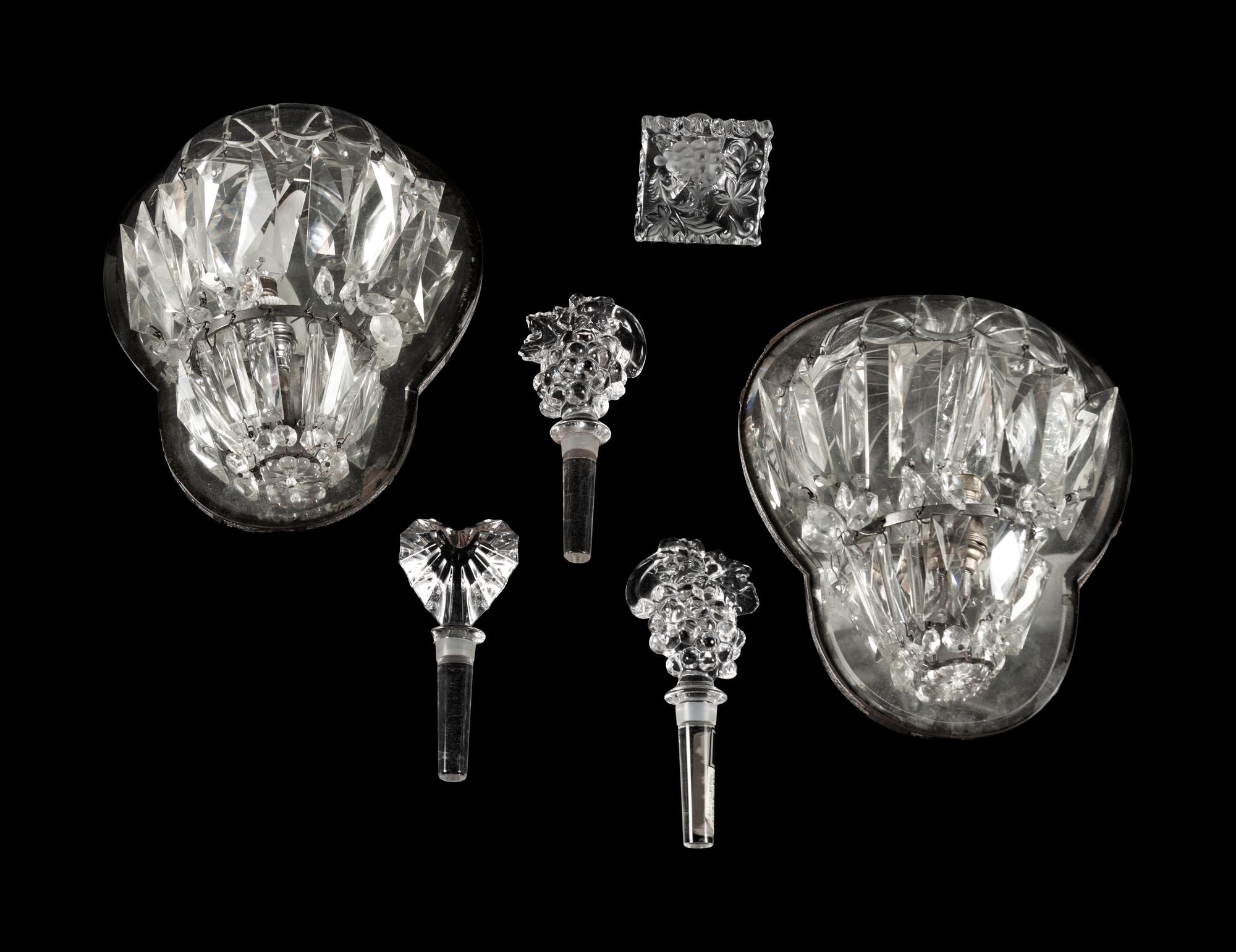 A Pair of French Sconces together with a Pair of Candlesticks and Four Stoppers