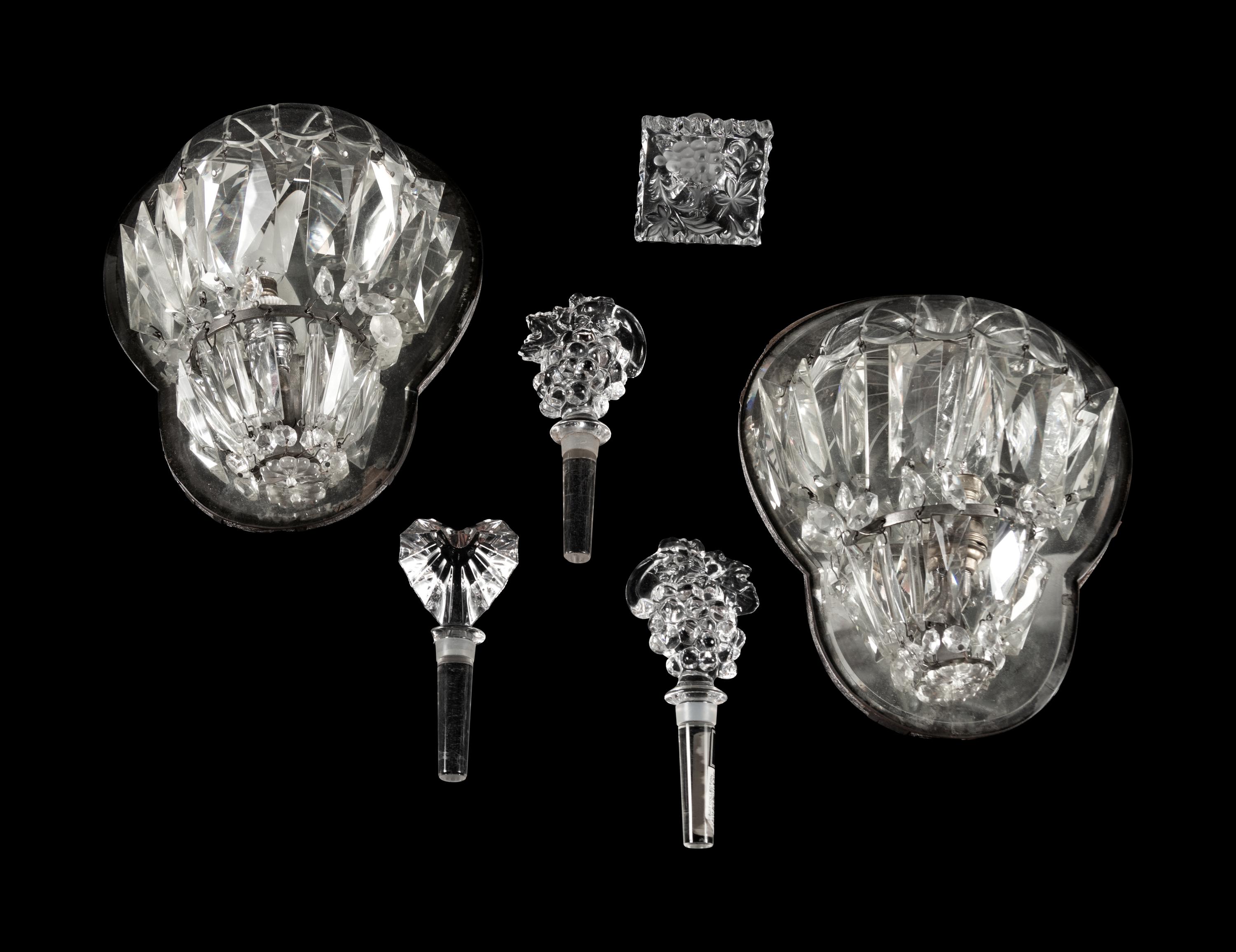 A Pair of French Sconces together with a Pair of Candlesticks and Four Stoppers