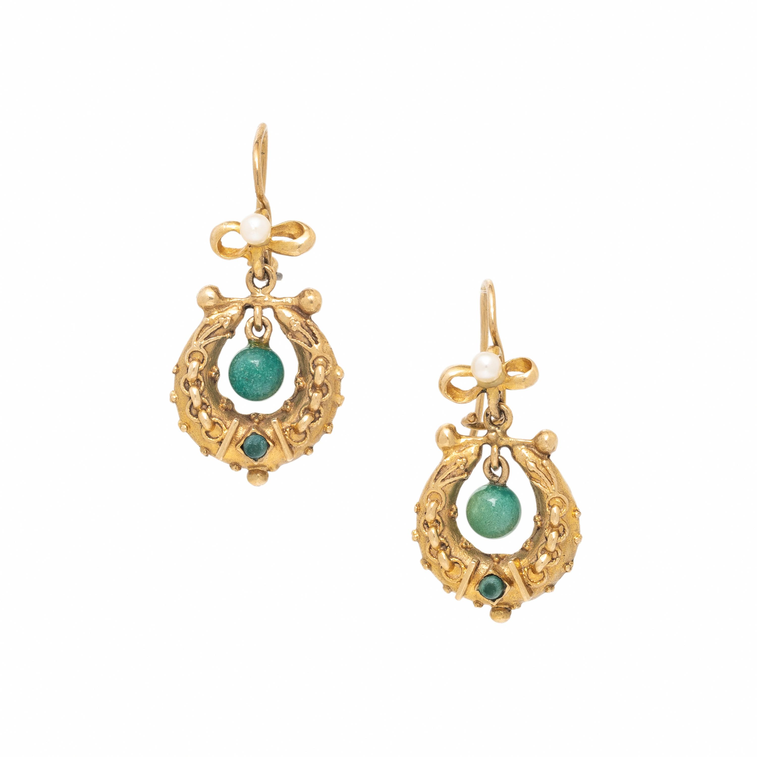 Yellow Gold, Seed Pearl, and Hardstone Earrings