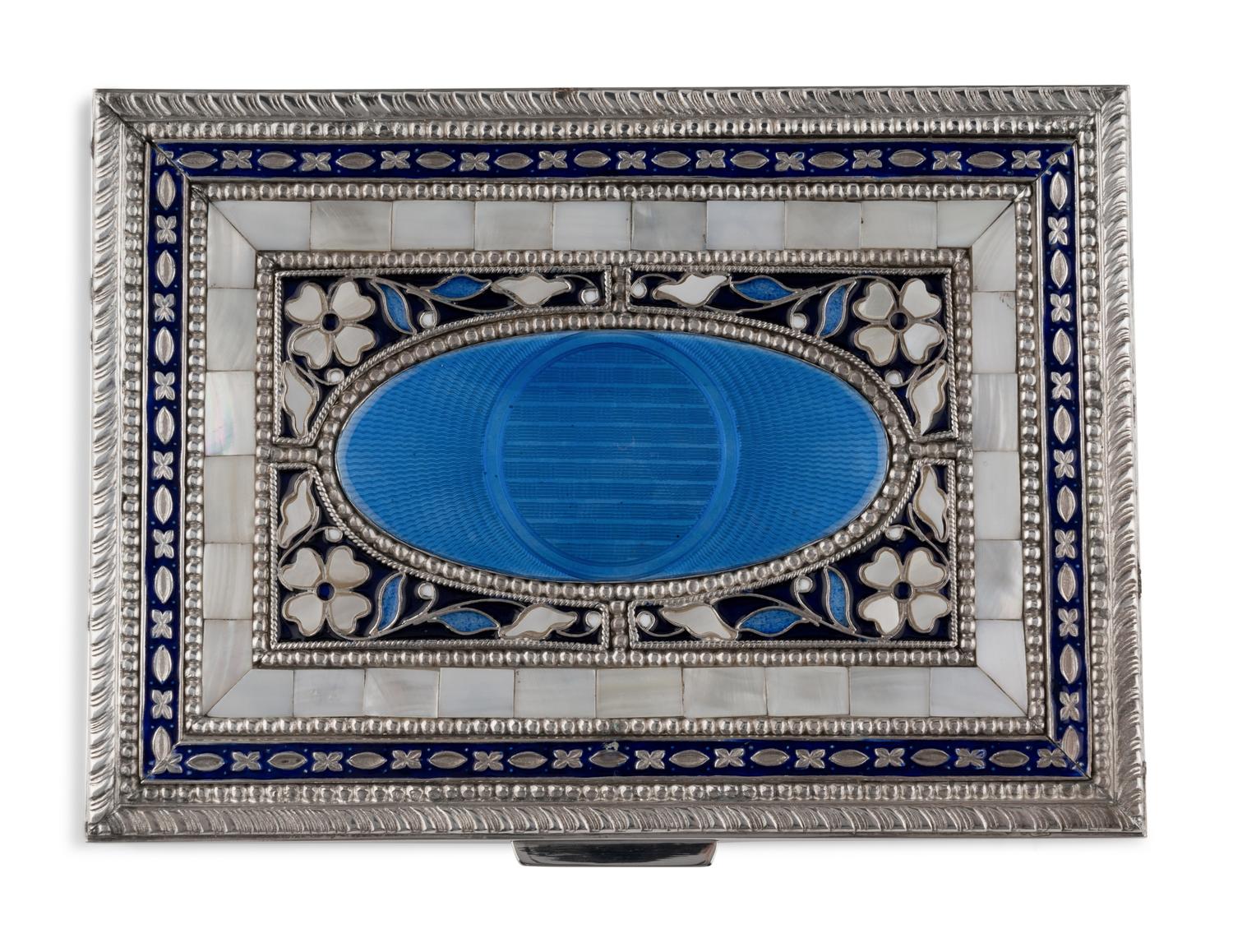 A Cooke and Kelvey Enamel and Mother of Pearl-Inset Silver Box