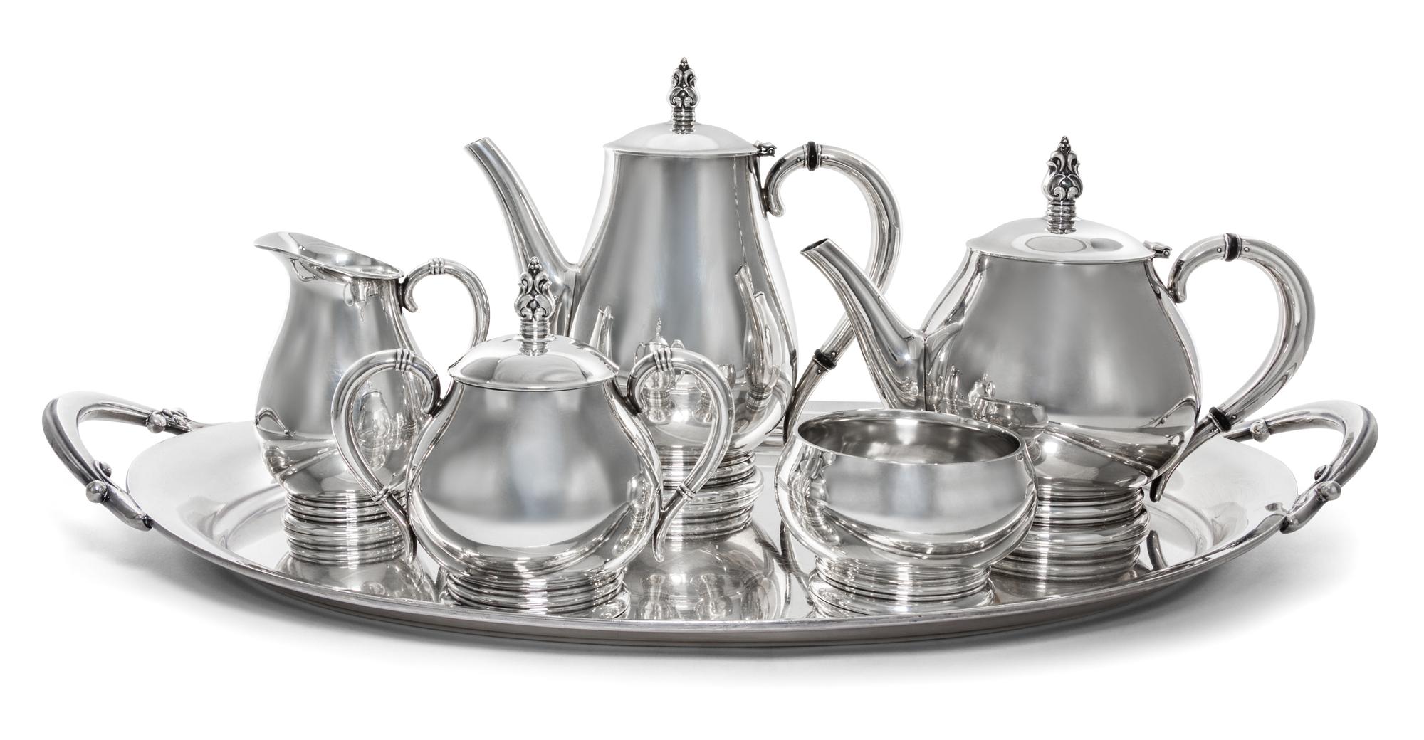 An American Silver Tea and Coffee Service, International Silver Co., Meriden, CT, Royal Danish pattern, comprising a coffee pot, a teap
