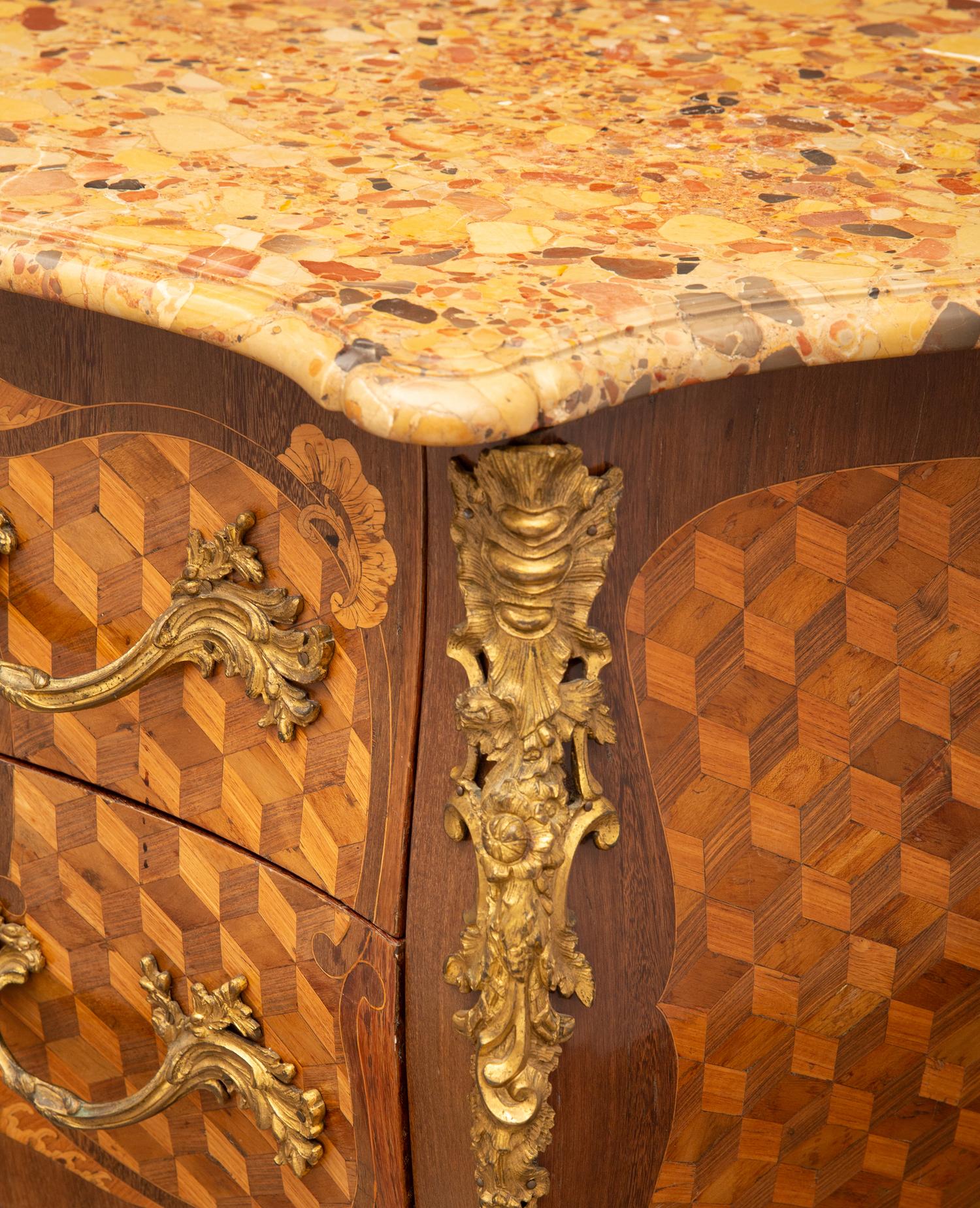 A Louis XV Gilt Bronze Mounted Parquetry Marble-Top Commode