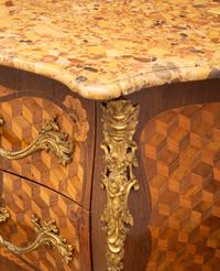 A Louis XV Gilt Bronze Mounted Parquetry Marble-Top Commode