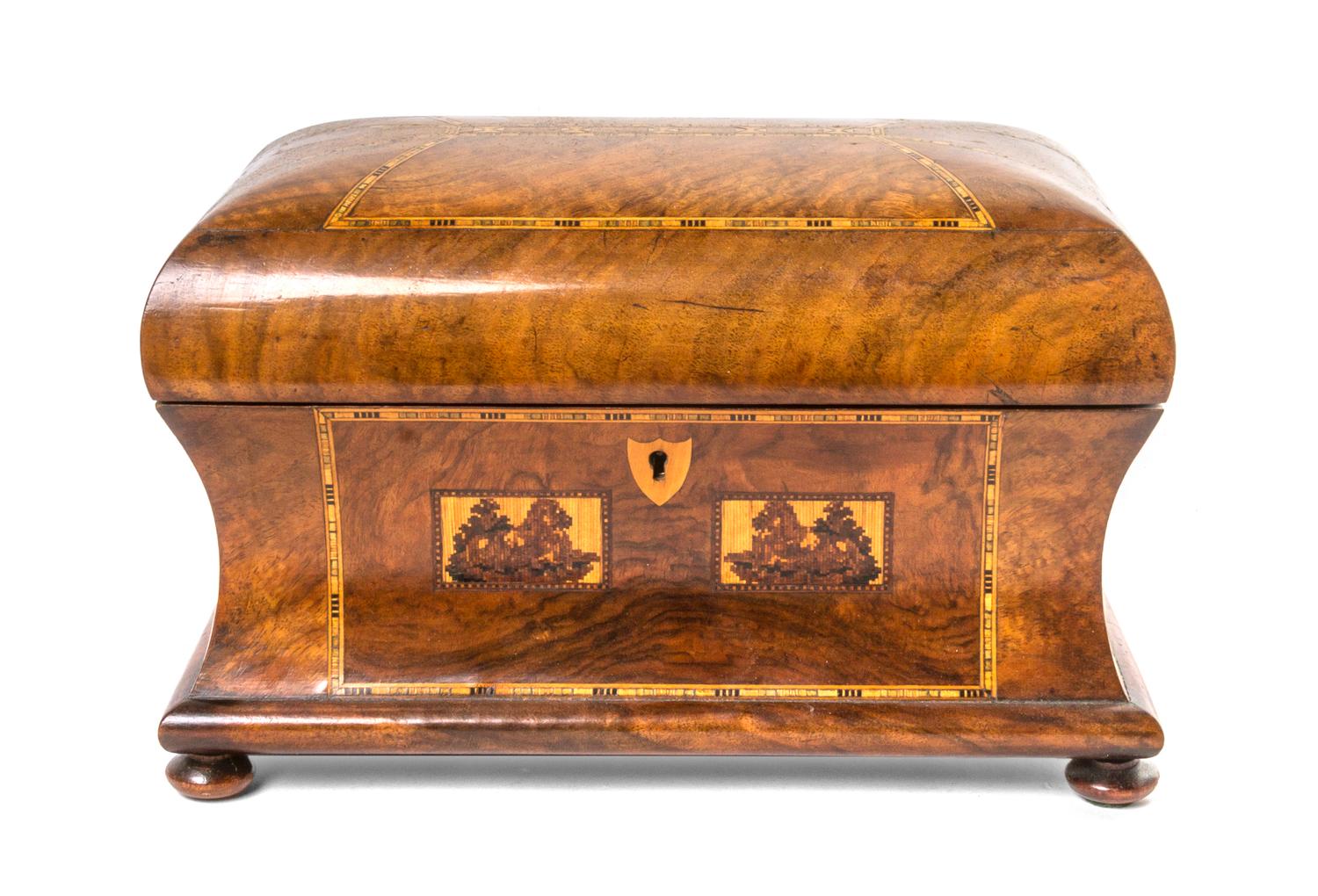 A Tunbridge Ware Decorated Burlwood Table Casket, Width 12 inches.