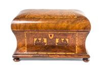 A Tunbridge Ware Decorated Burlwood Table Casket, Width 12 inches.