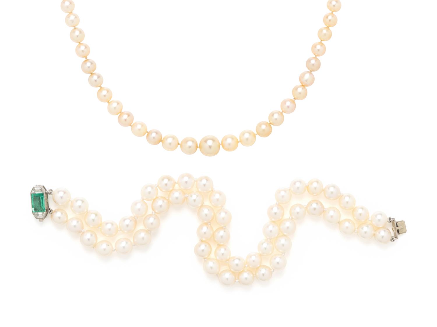 NATURAL PEARL STRAND WITH CULTURED PEARL, EMERALD, AND DIAMOND BRACELET
