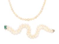 NATURAL PEARL STRAND WITH CULTURED PEARL, EMERALD, AND DIAMOND BRACELET