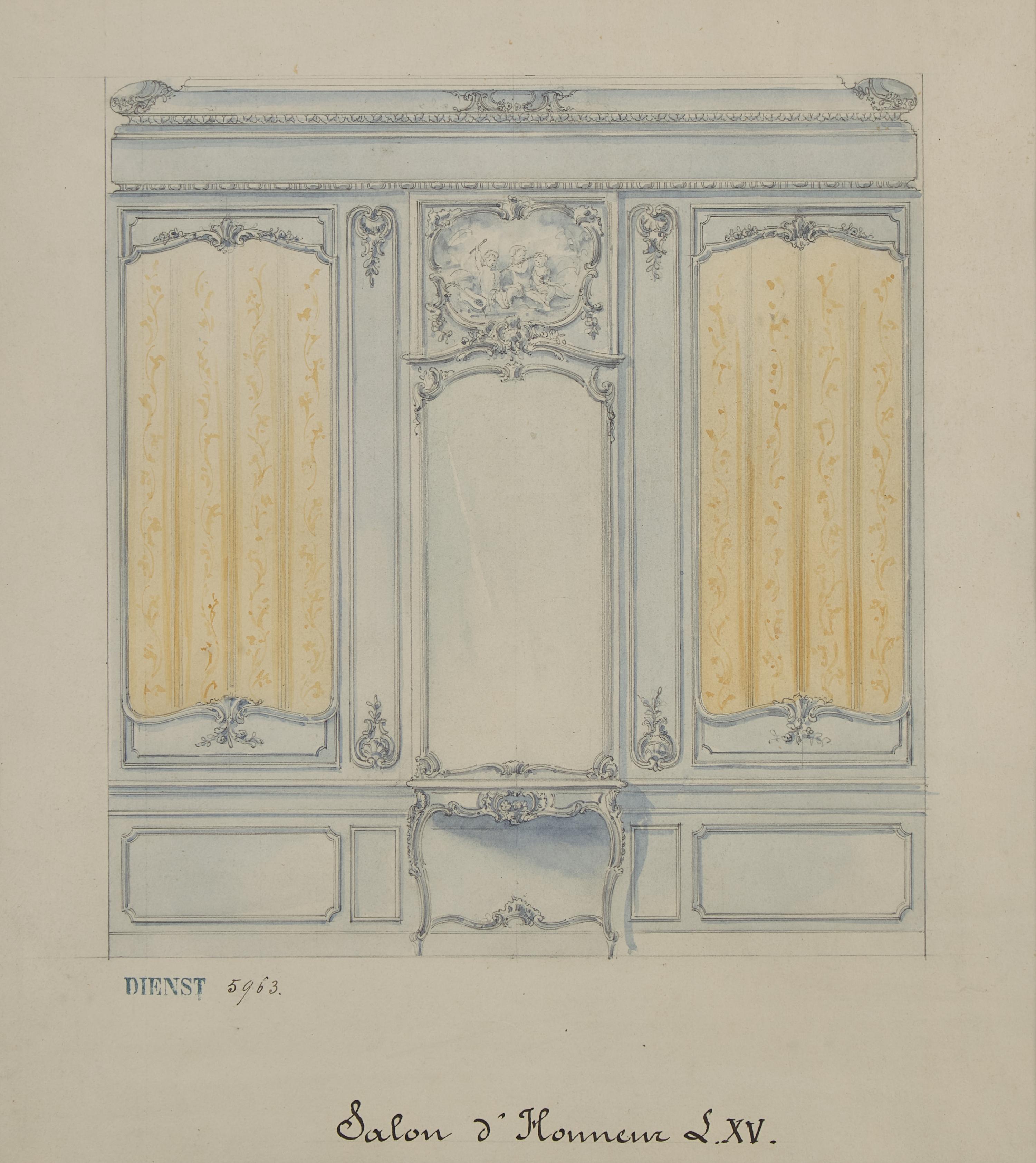 Attributed to Eugène Dienst (French, 19th Century), A Group of Six Hand-Drawn and Painted Studies of French Interiors