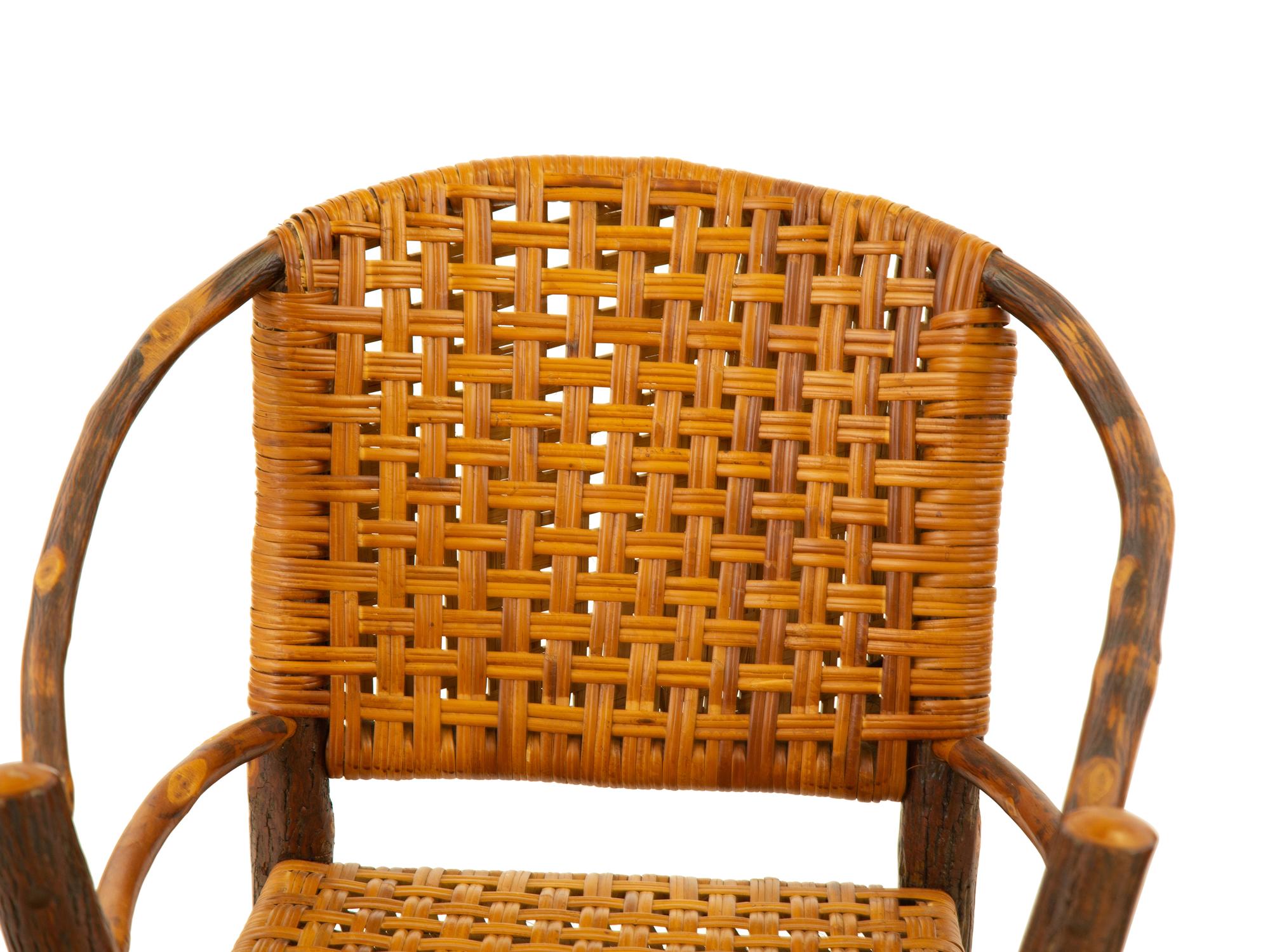 A Pair of Naturalistic Wood and Rattan Barrel Back Armchairs — 20th Century