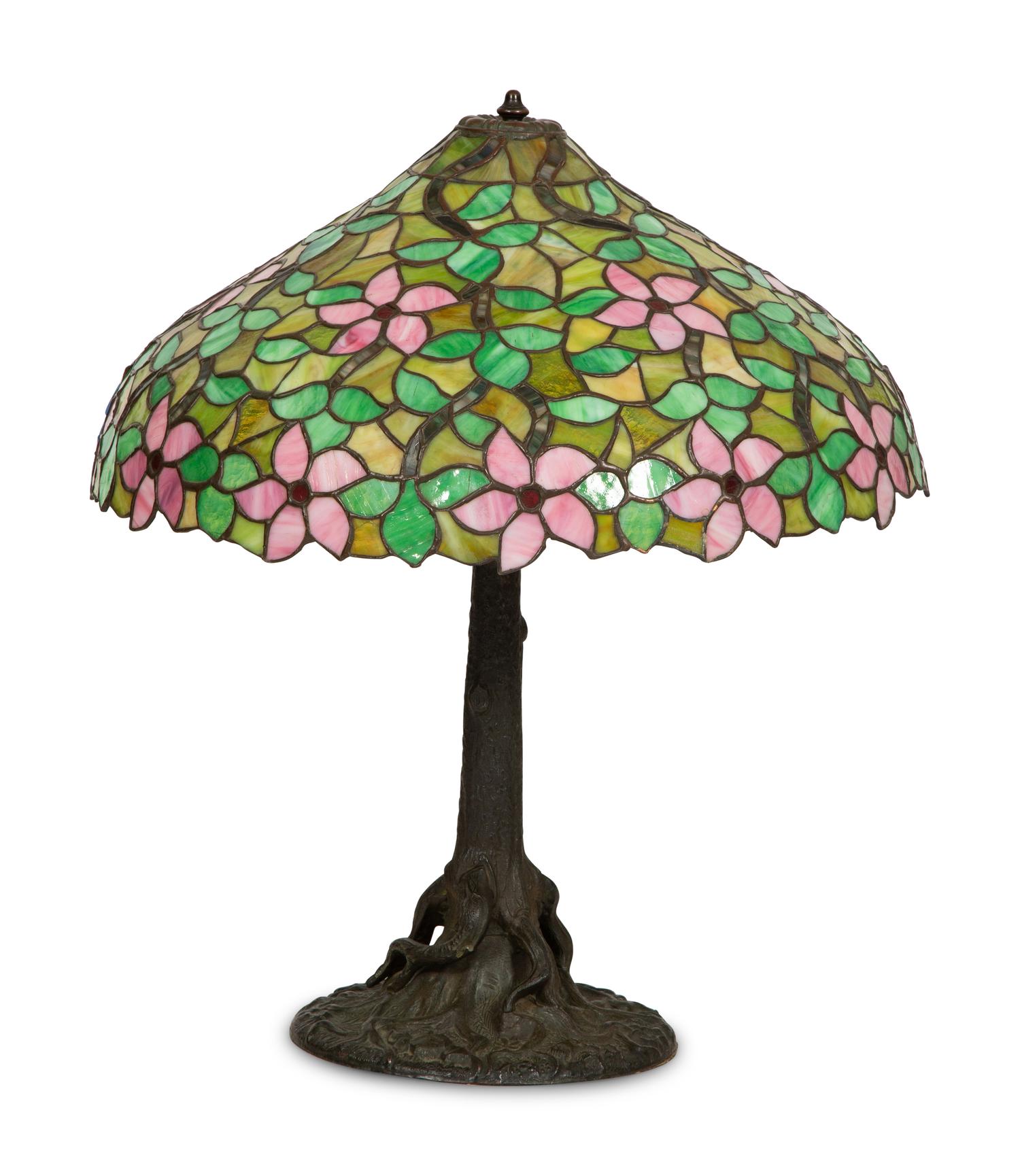 An American Leaded Glass and Cast Metal Table Lamp