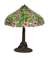 An American Leaded Glass and Cast Metal Table Lamp