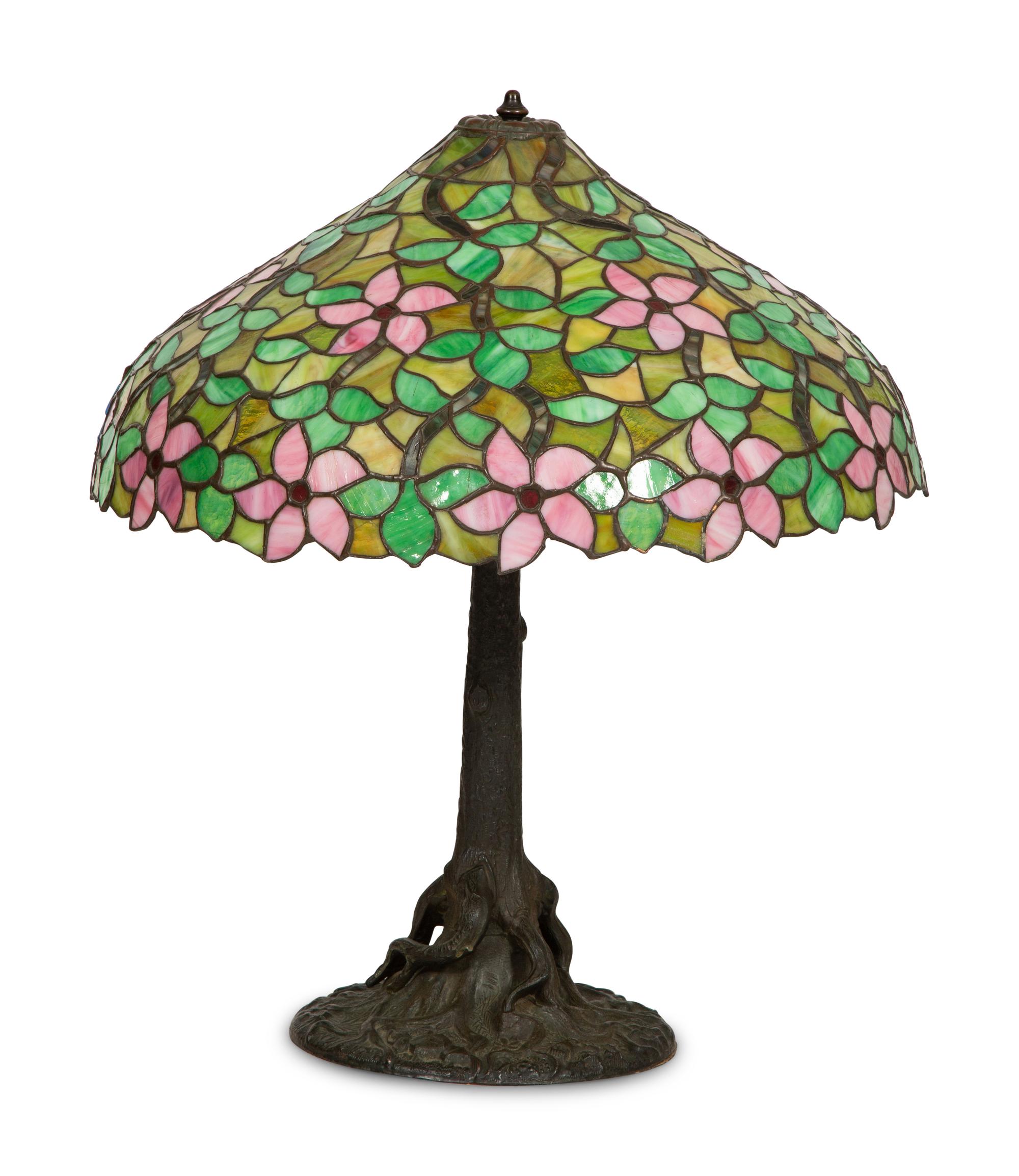 An American Leaded Glass and Cast Metal Table Lamp