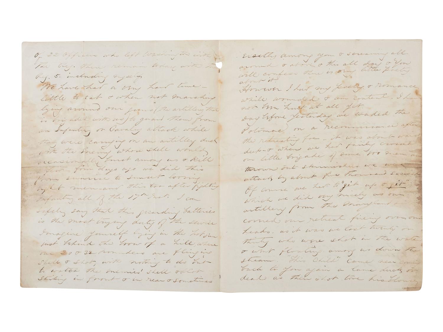 [CIVIL WAR]. Letter with graphic content describing Battles of Antietam and Shepherdstown written by Charles M. Freeman, Syke's Division. Camp on Potomac, 22 September 1862.