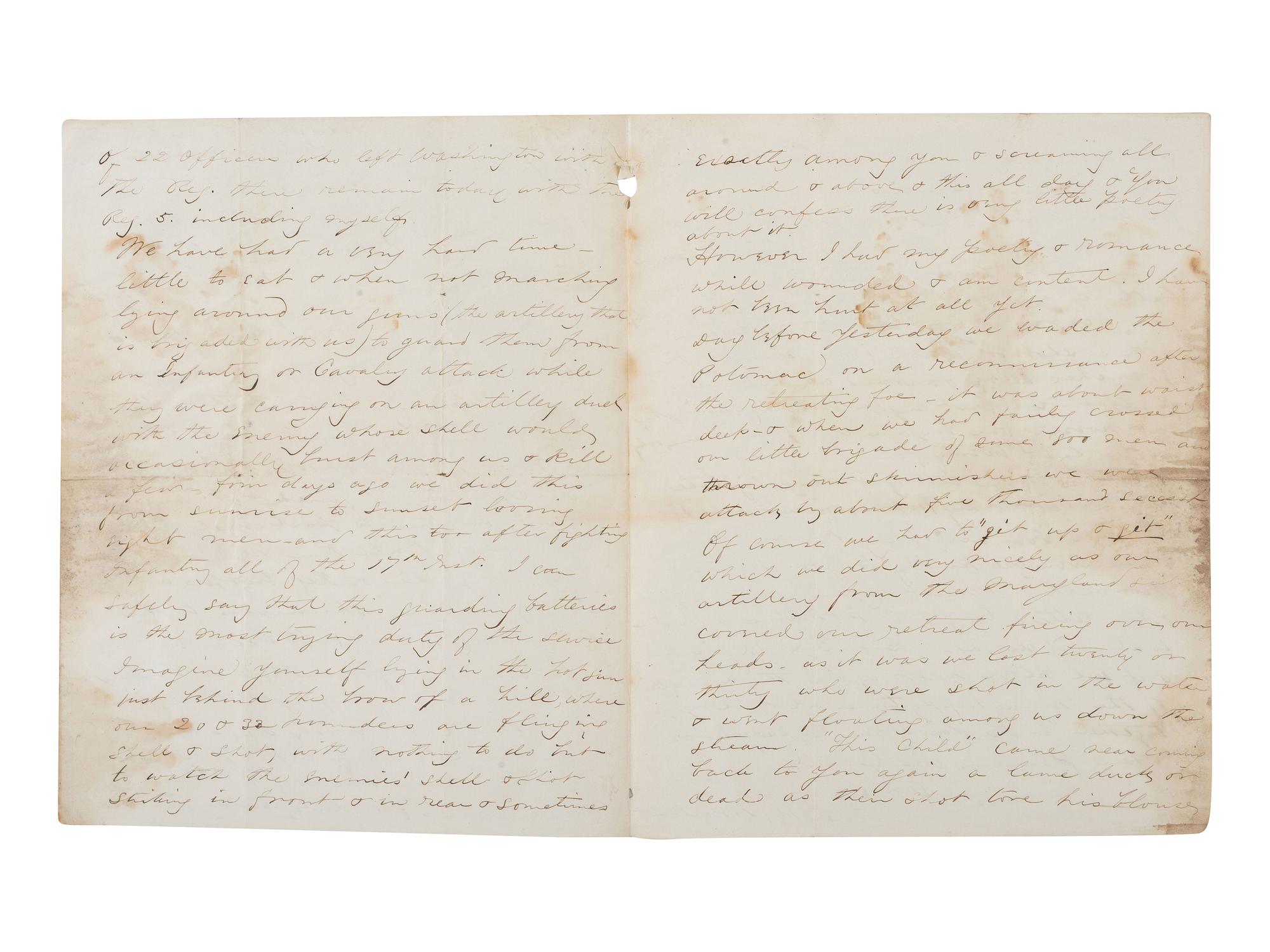 [CIVIL WAR]. Letter with graphic content describing Battles of Antietam and Shepherdstown written by Charles M. Freeman, Syke's Division. Camp on Potomac, 22 September 1862.