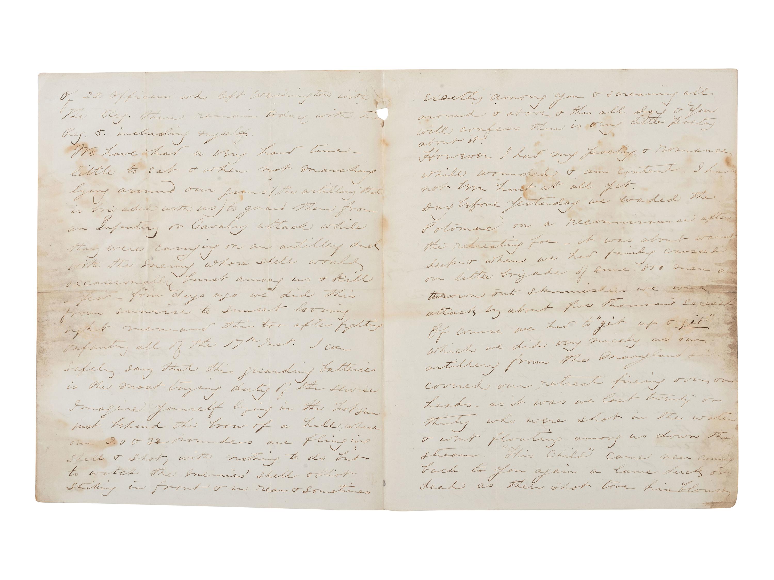 [CIVIL WAR]. Letter with graphic content describing Battles of Antietam and Shepherdstown written by Charles M. Freeman, Syke's Division. Camp on Potomac, 22 September 1862.