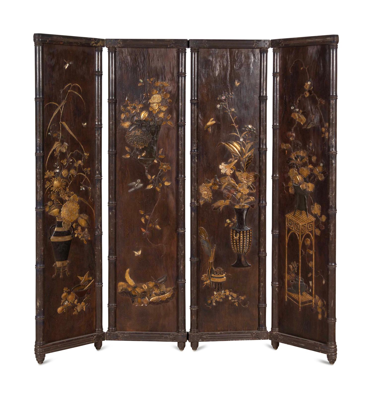 A Chinese Export Carved and Parcel Gilt Four-Panel Floor Screen