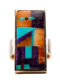 14k Gold Ring, with Coral, Turquoise, Sugilite, and Spiny Oyster Mosaic Inlay Lot is located and will ship from Denver, Colorado.