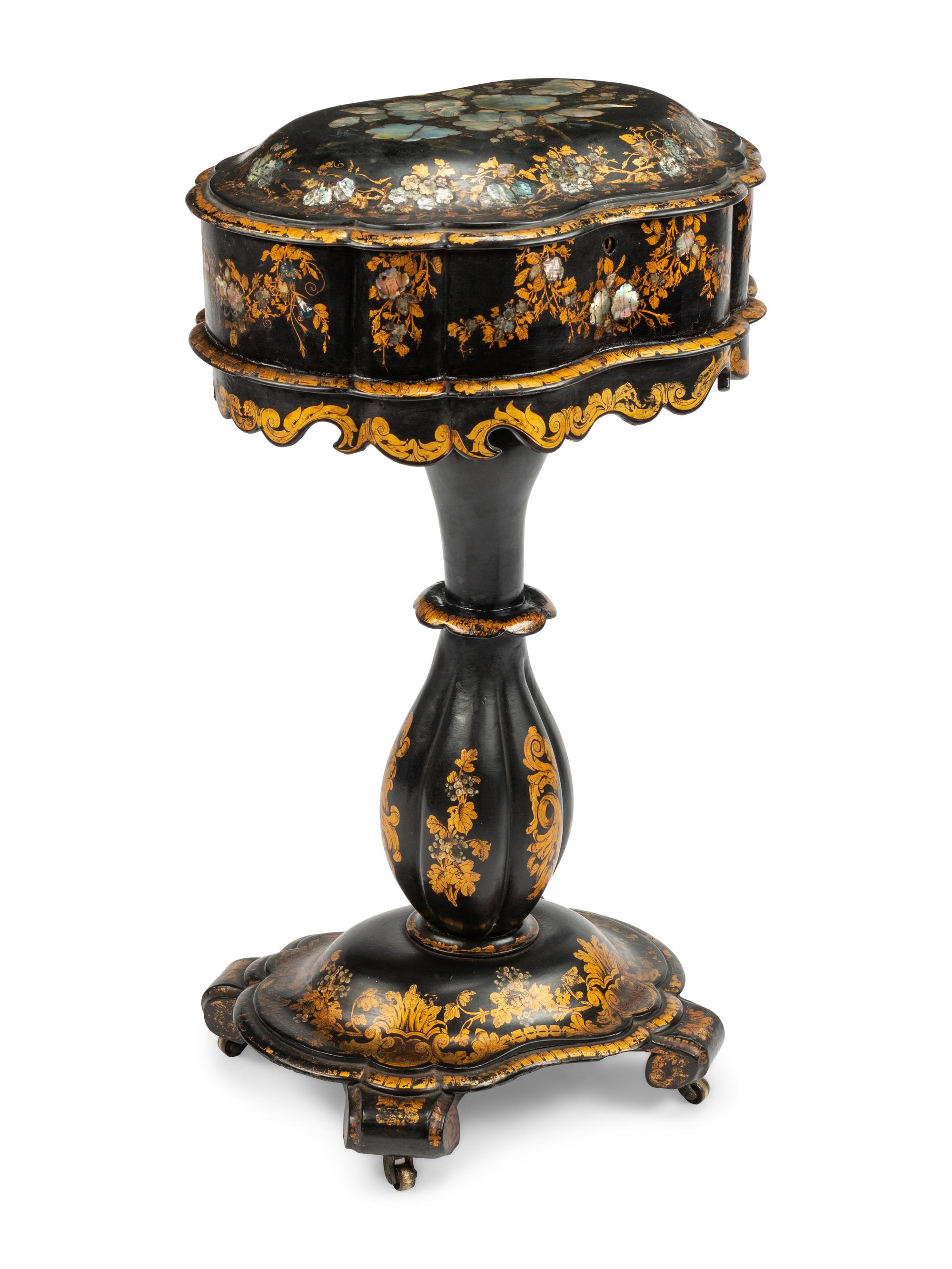 A Victorian Papier-Mâché and Mother-of-Pearl Work Table