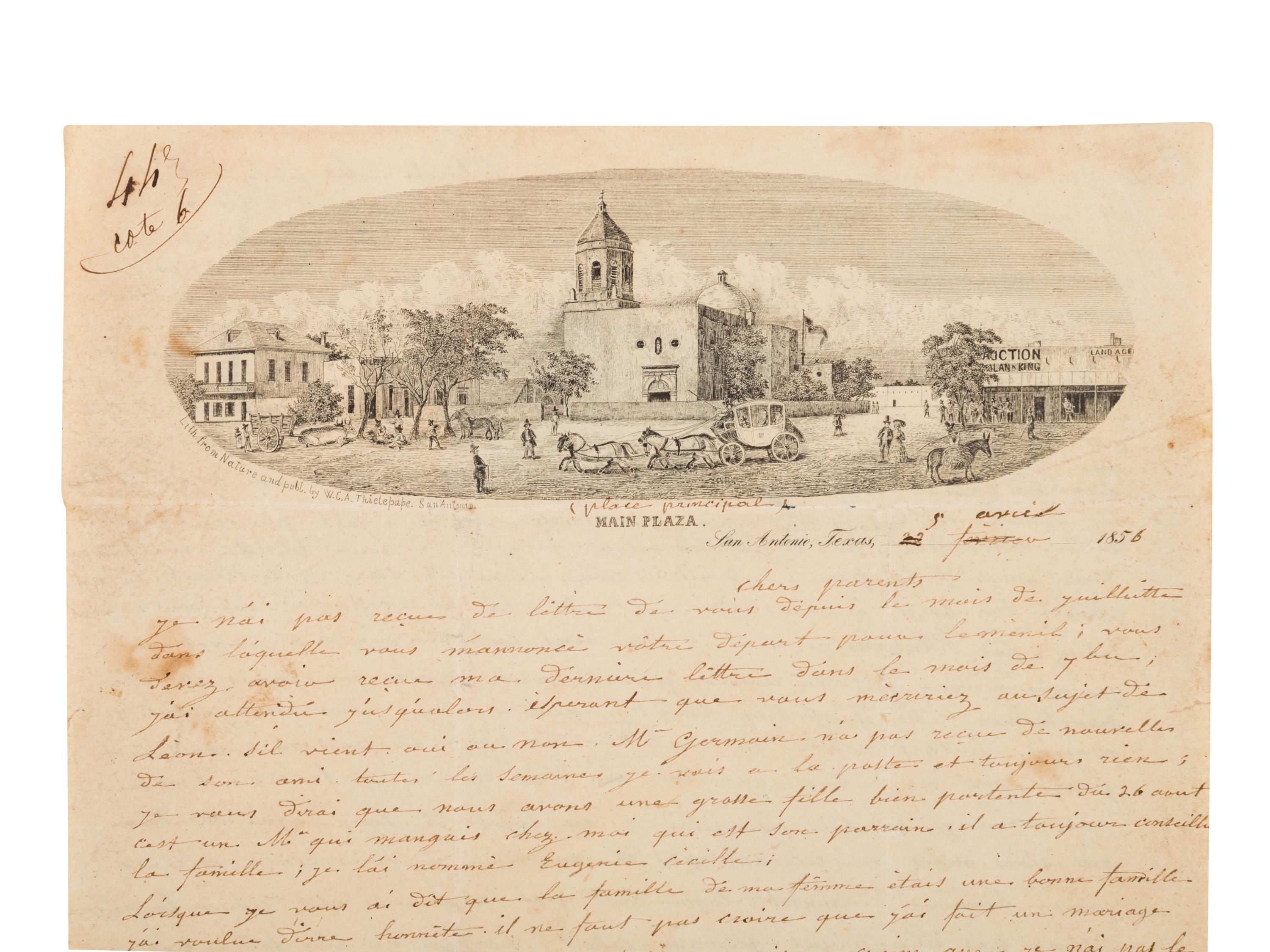 [TEXAS PICTORIAL LETTERSHEET]. THIELEPAPE, Wilhelm Carl August (1814-1904), lithographer. Main Plaza. San Antonio, Texas. San Antonio: W. C. A. Thielpape, [ca 1855].