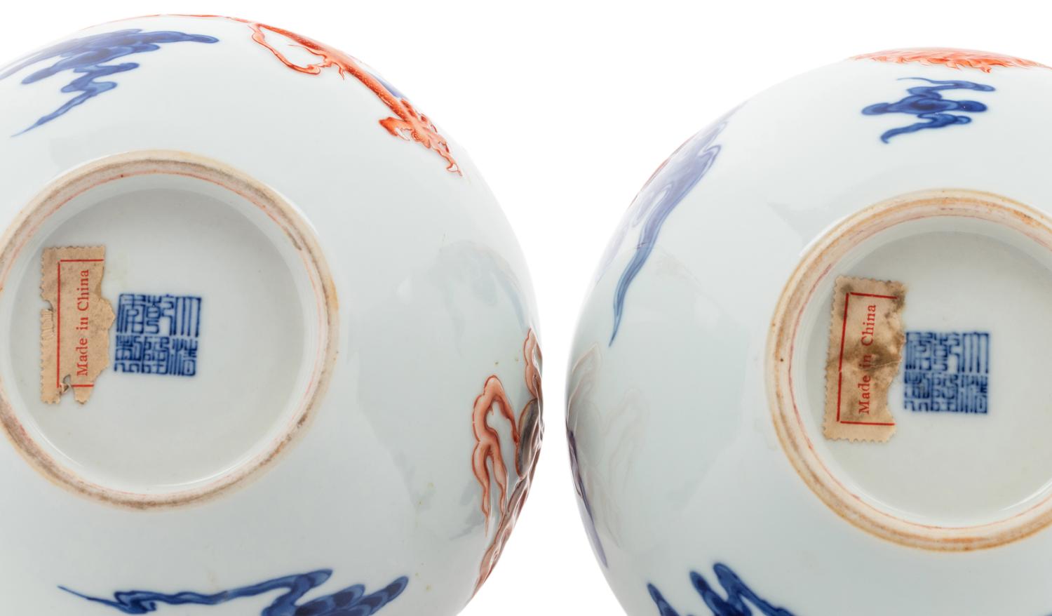 A Pair of Chinese Iron Red Decorated and Underglaze Blue Porcelain Bottle Vases