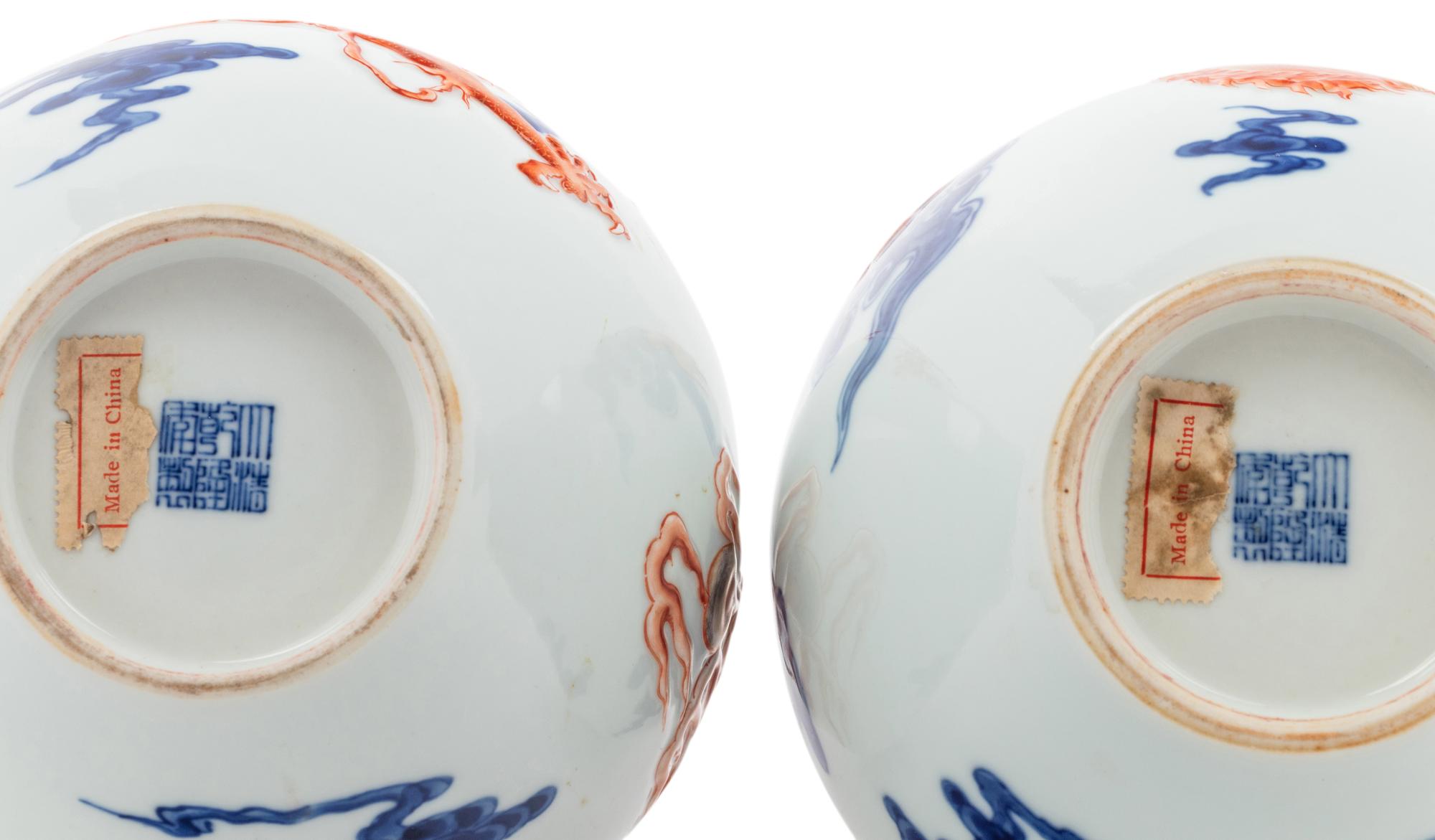 A Pair of Chinese Iron Red Decorated and Underglaze Blue Porcelain Bottle Vases