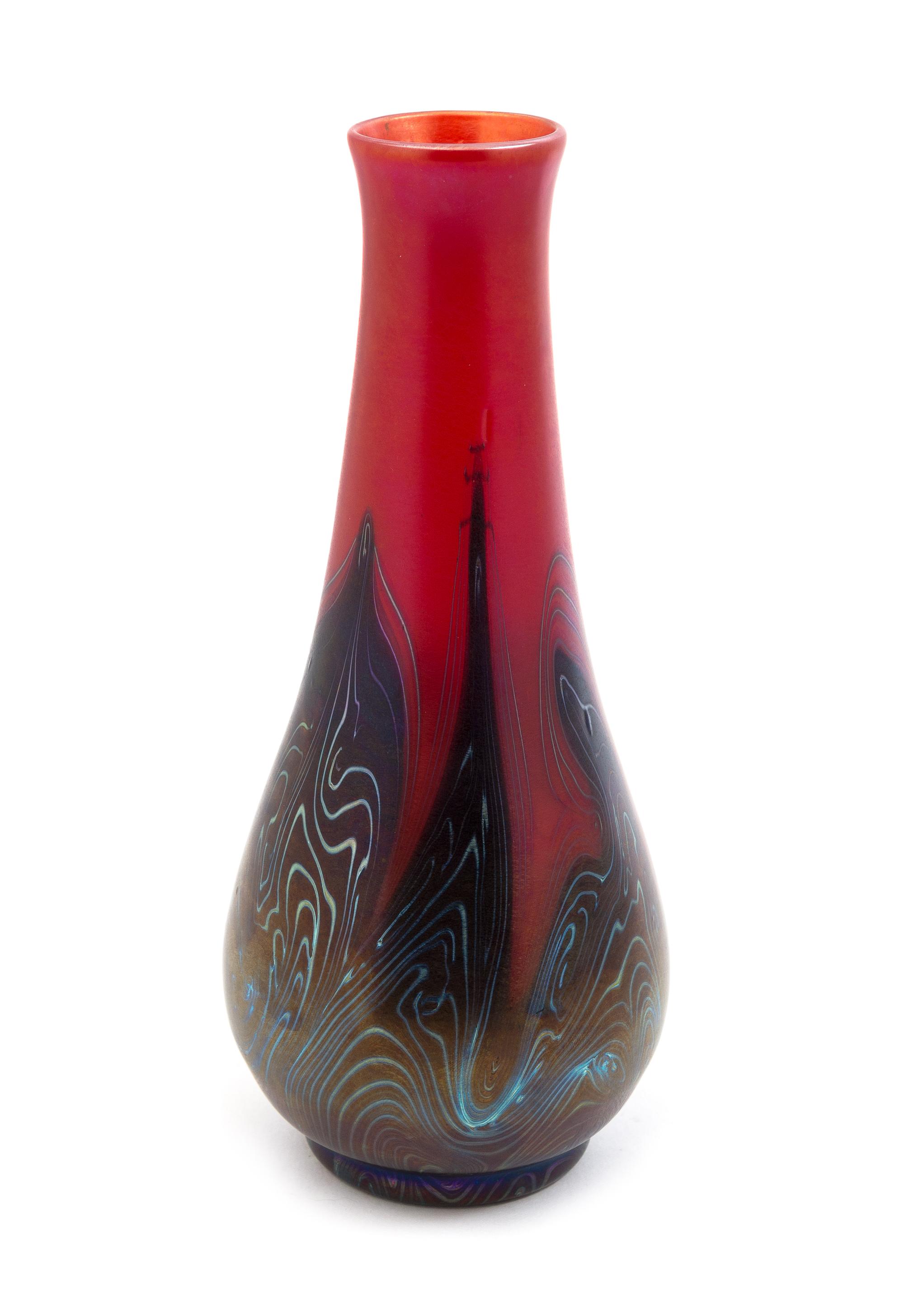 A Tiffany Studios Red Decorated Favrile Glass Vase Height 9 3/4 inches.