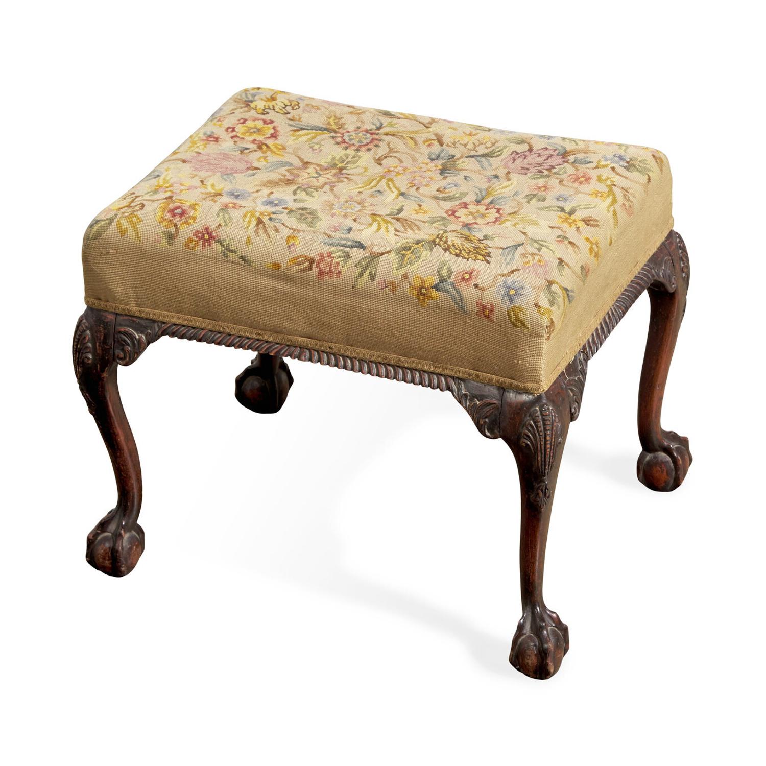A George III Style Carved Mahogany Stool with Needlepoint Upholstery
