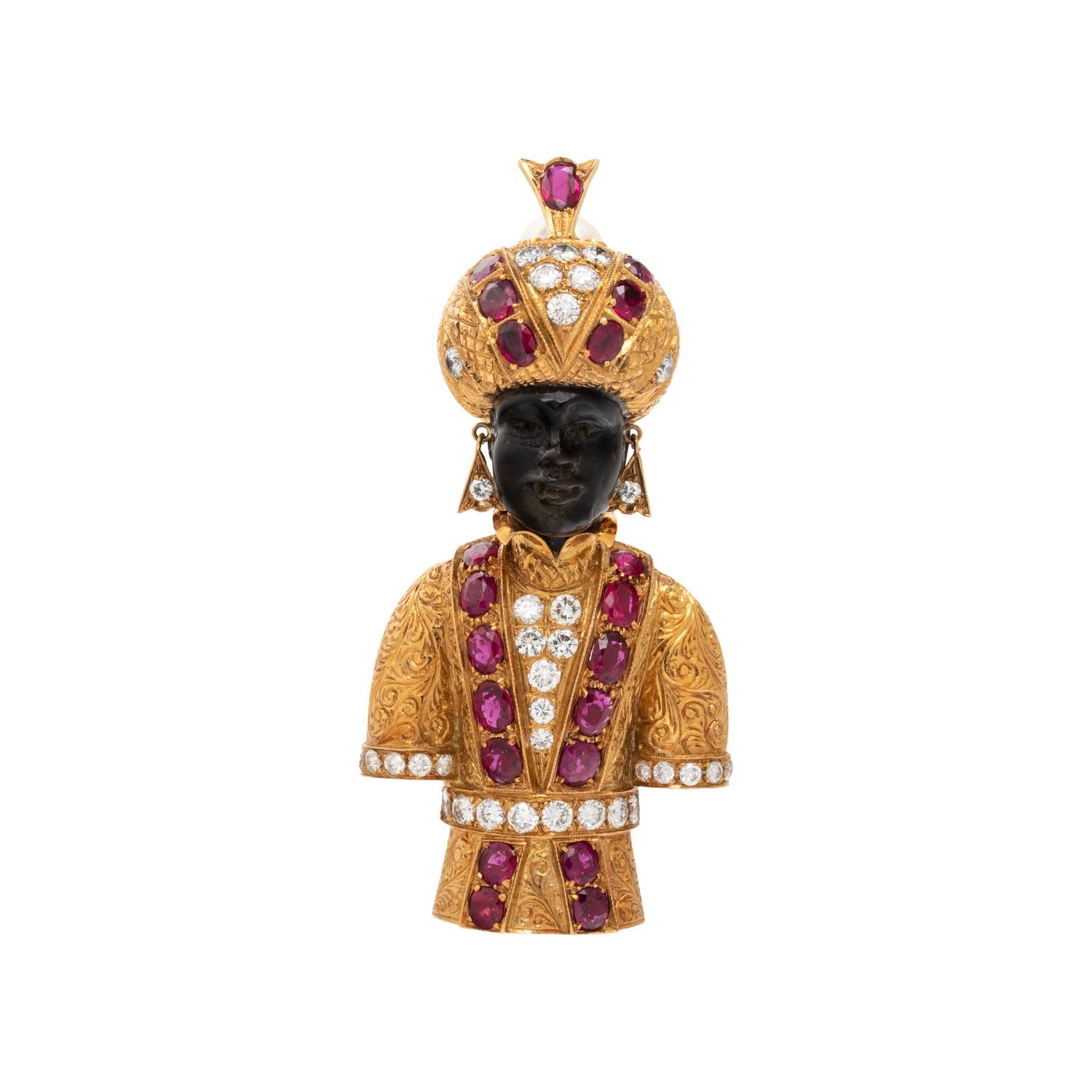NARDI, YELLOW GOLD, RUBY AND DIAMOND BLACKAMOOR BROOCH