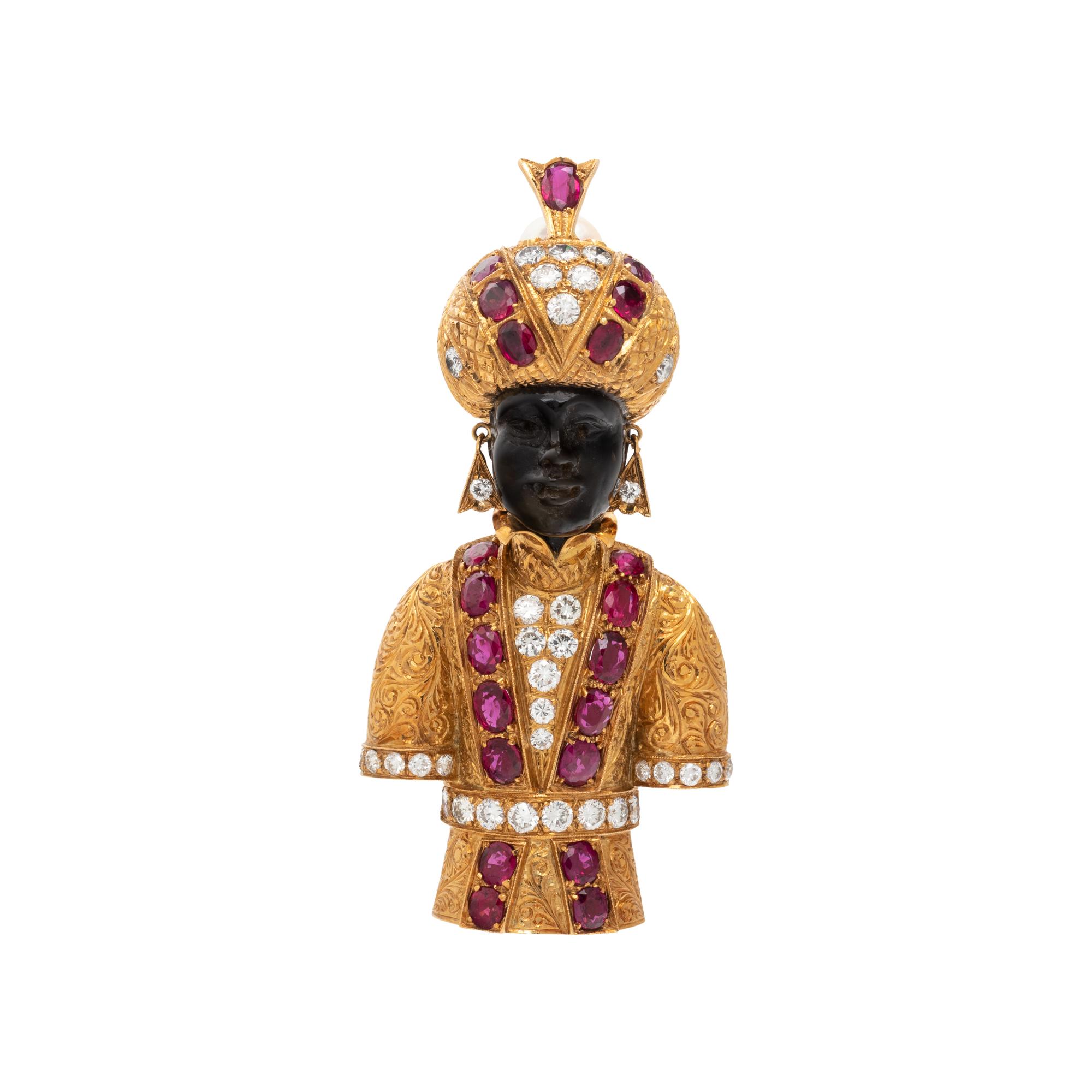 NARDI, YELLOW GOLD, RUBY AND DIAMOND BLACKAMOOR BROOCH