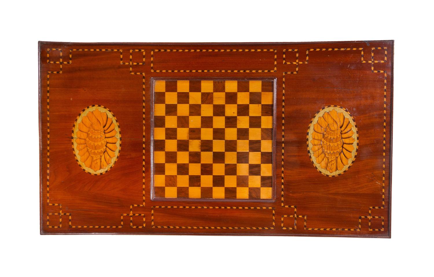 A Mahogany and Marquetry Game Table and a Fruitwood Flip-Top Game Table
