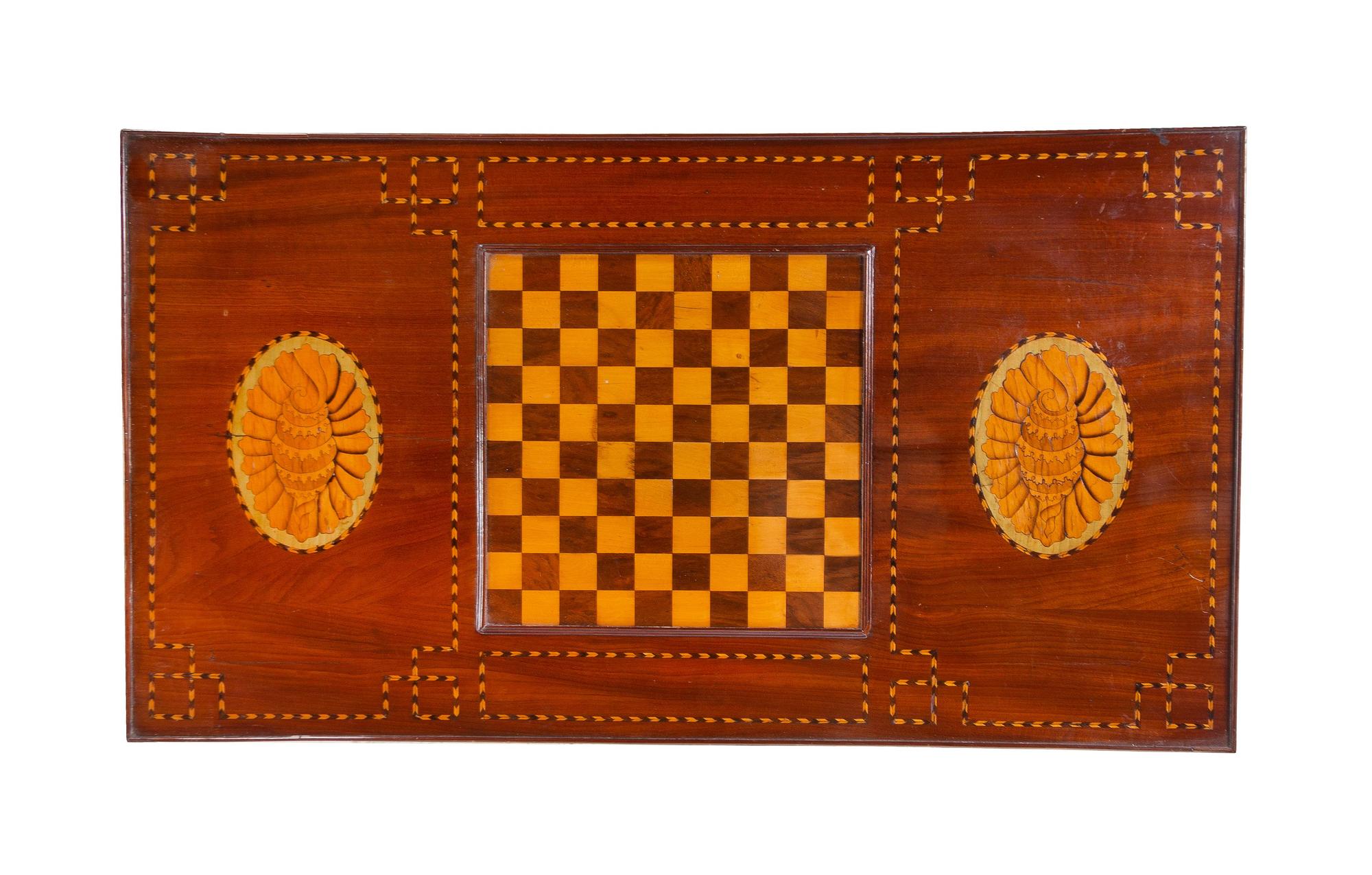 A Mahogany and Marquetry Game Table and a Fruitwood Flip-Top Game Table