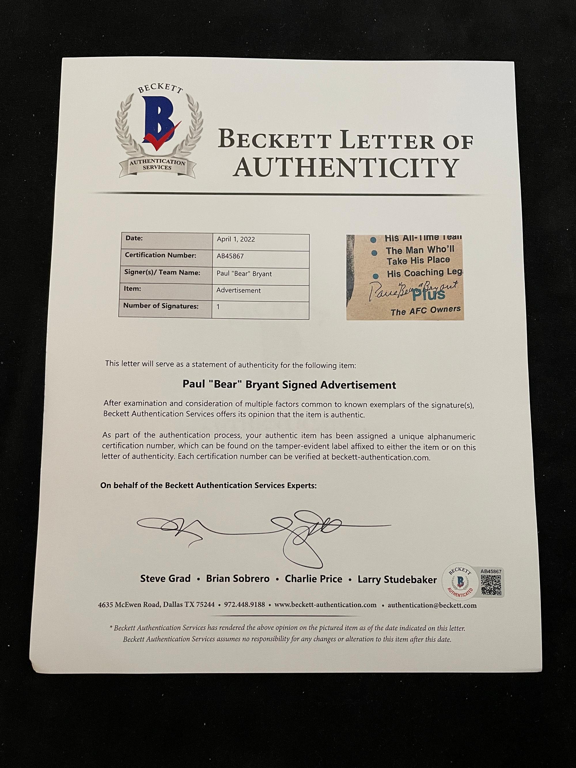 A Group of University of Alabama Football Signed Autographs Including Paul Bear Bryant (Beckett Authentication Services BAS Certified),