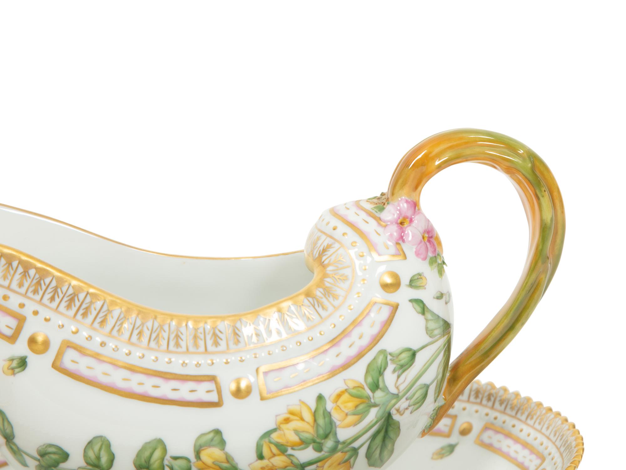 Two Royal Copenhagen Flora Danica Porcelain Sauce Boats with Affixed Underplates