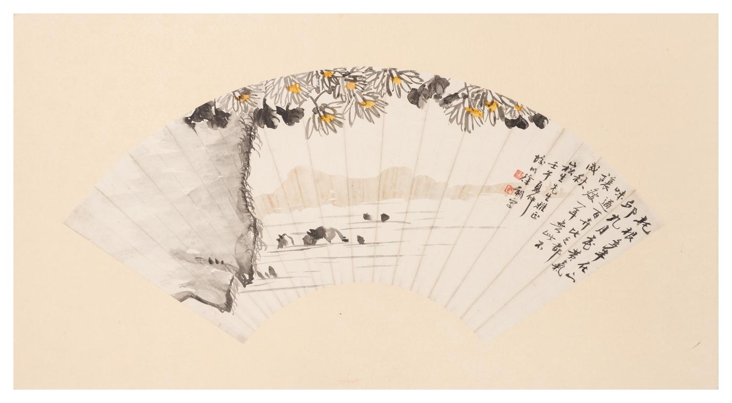 Three Chinese Ink and Color Paintings on Fan Leaves