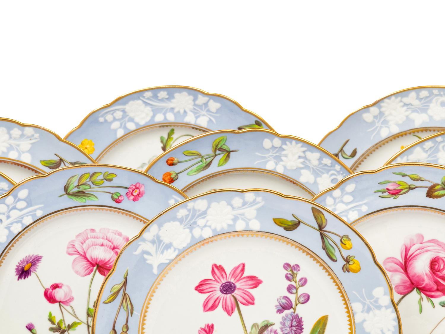 A Spode Pale Blue-Ground Botanical Porcelain Dessert Service