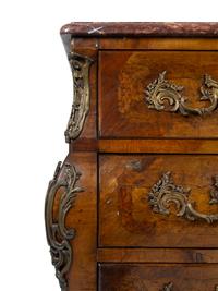 A Regence Style Gilt Bronze Mounted Marquetry Walnut Rouge Marble Top Commode en Tombeau — 19TH CENTURY