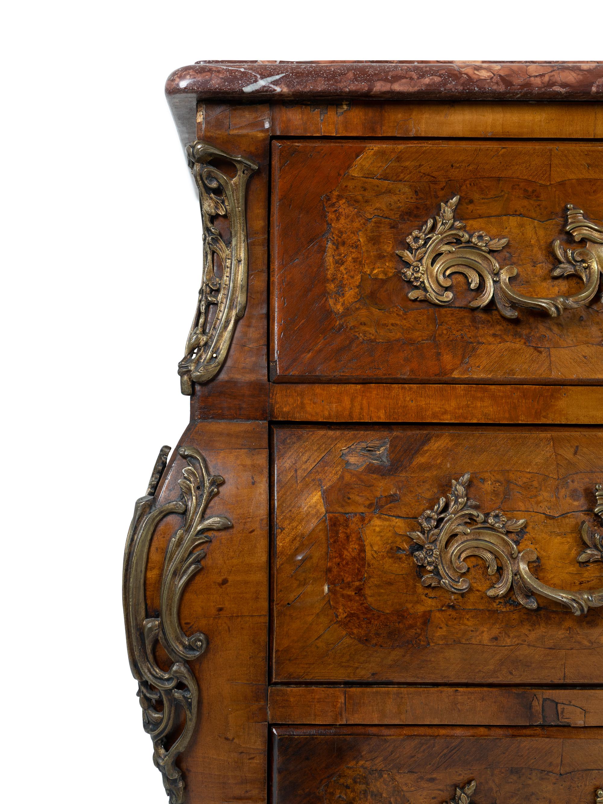 A Regence Style Gilt Bronze Mounted Marquetry Walnut Rouge Marble Top Commode en Tombeau — 19TH CENTURY