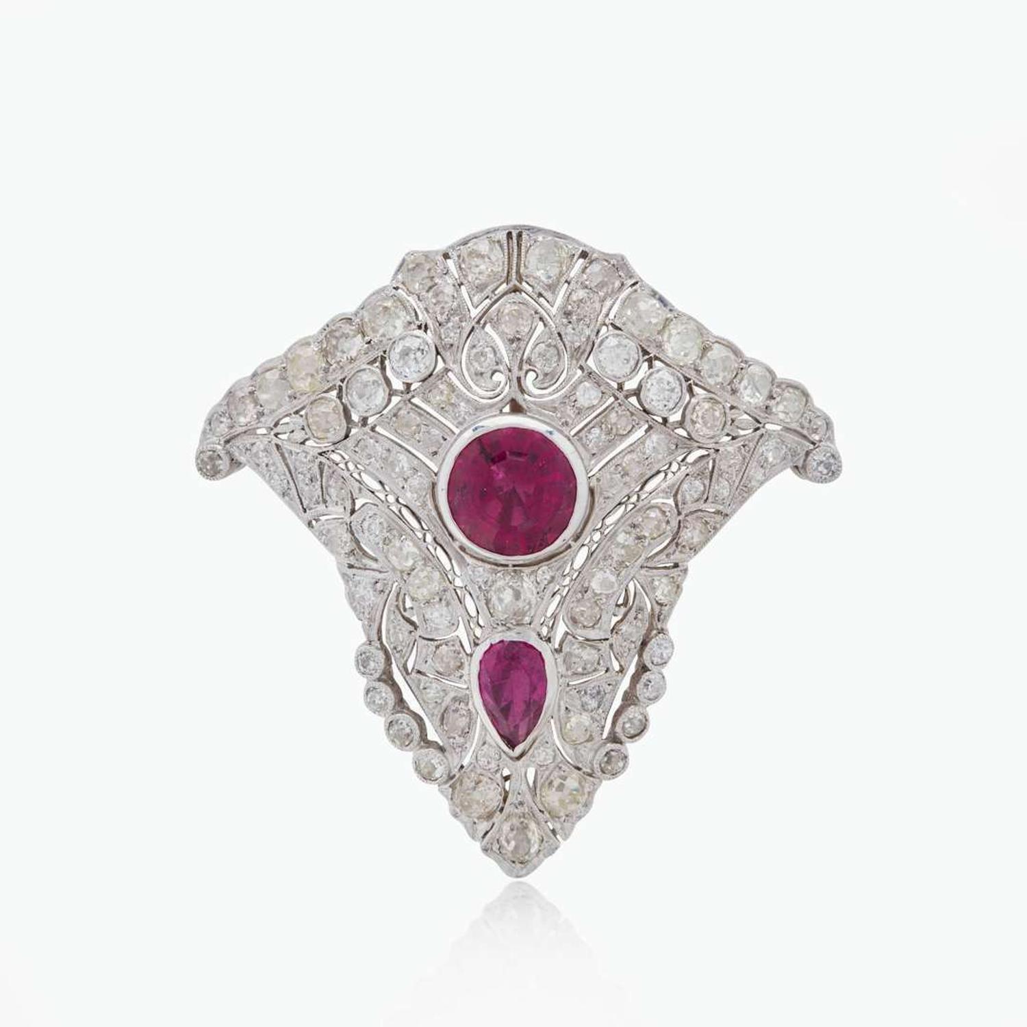 An Art Deco Rubellite Tourmaline and Diamond Brooch